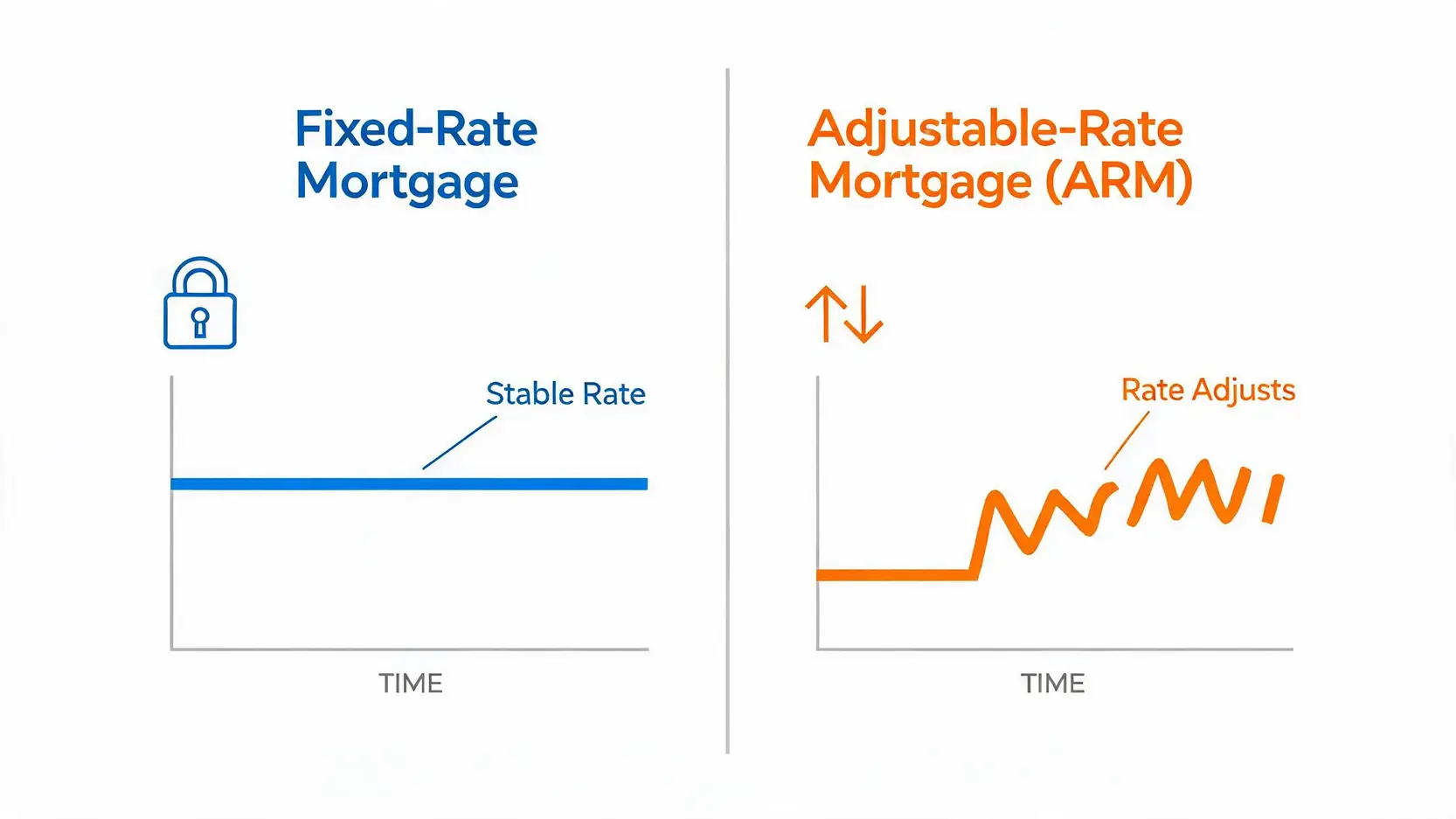 Comparison of a Fixed-Rate Mortgage with a stable rate graph and an Adjustable-Rate Mortgage with a fluctuating rate graph.