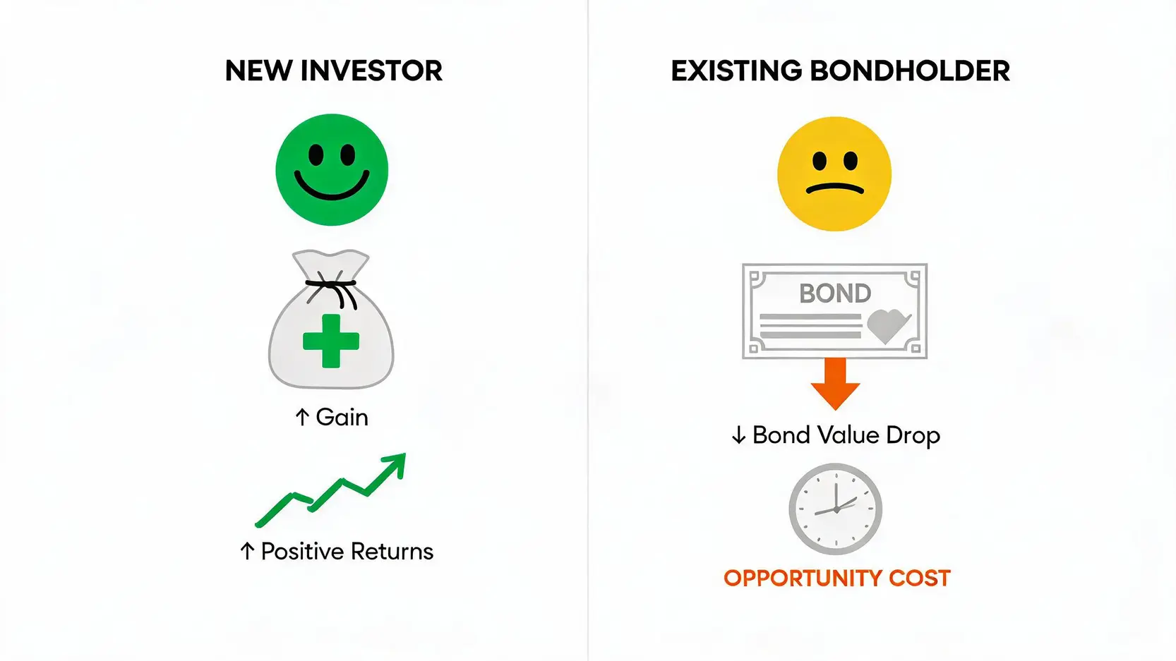 Comparison diagram showing the positive outcome for new investors and the challenges for existing bondholders when bond yields rise.
