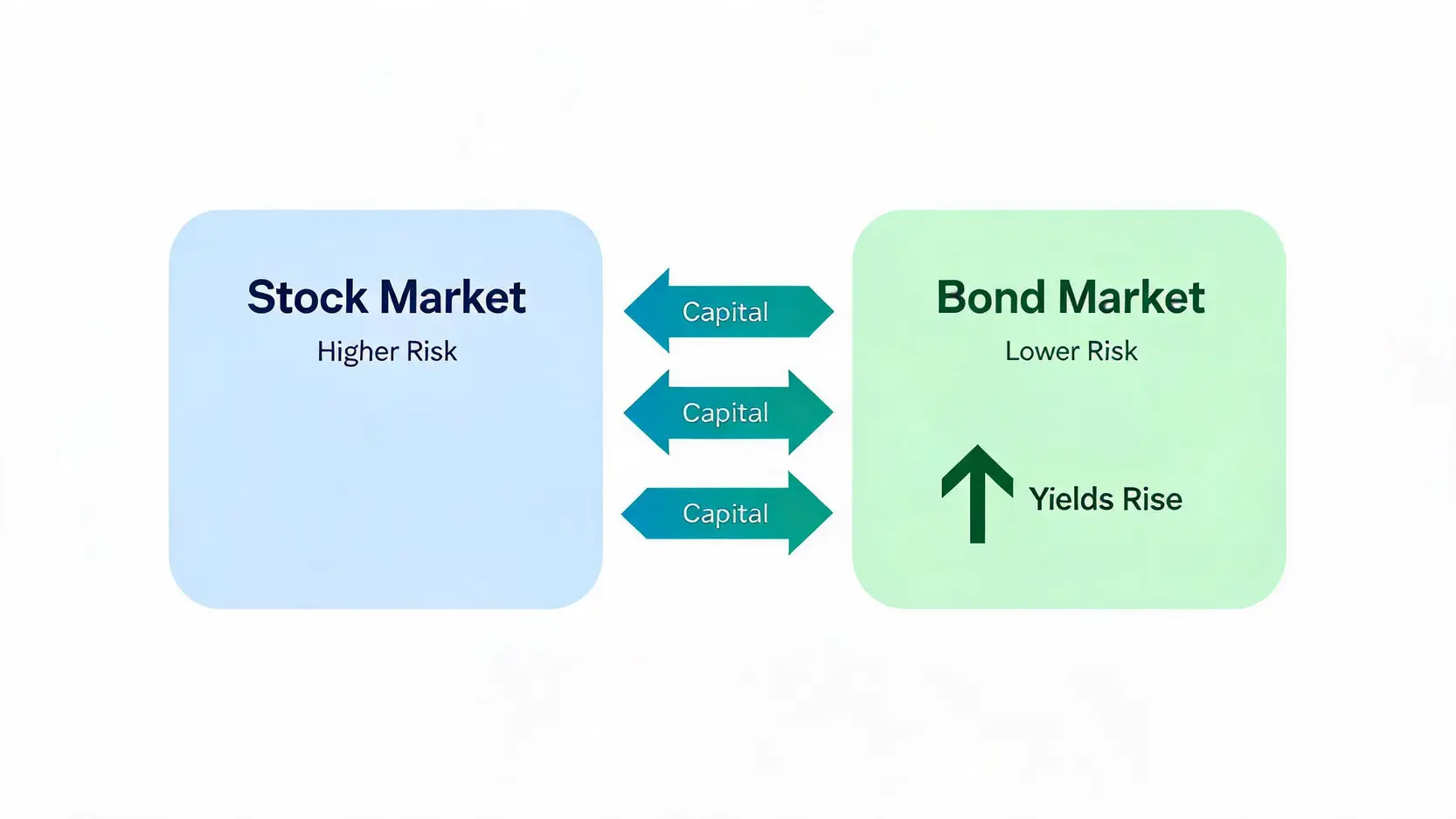 Diagram showing capital flowing from the stock market to the bond market as bond yields rise.