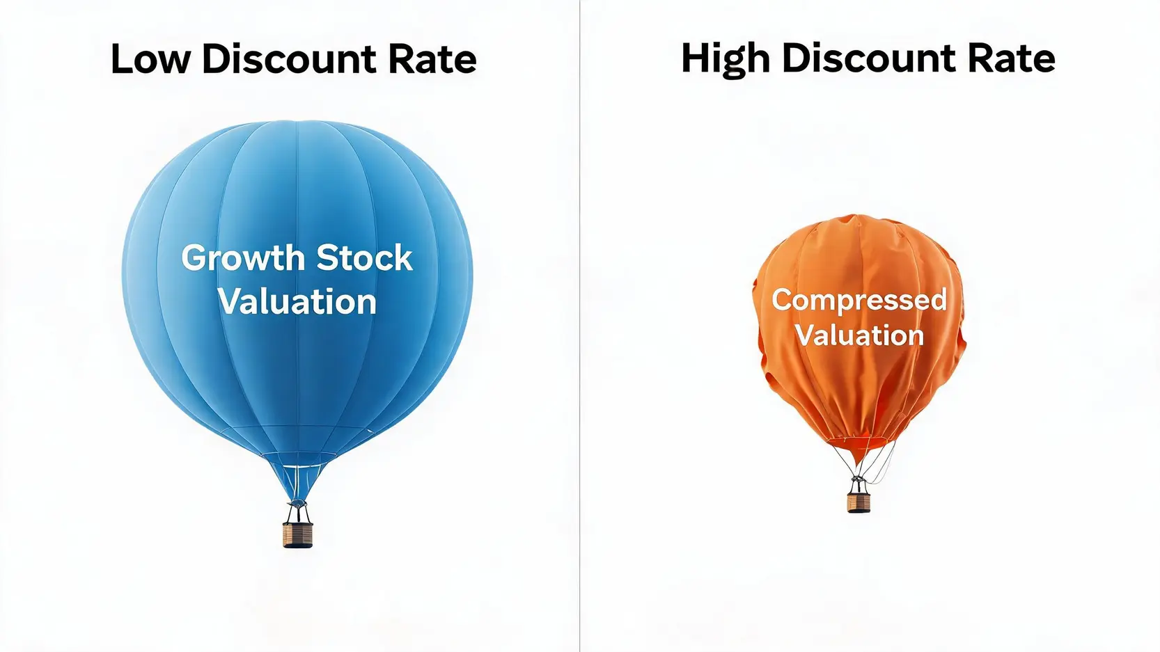 Diagram comparing the effect of low vs high discount rates on growth stock valuations.