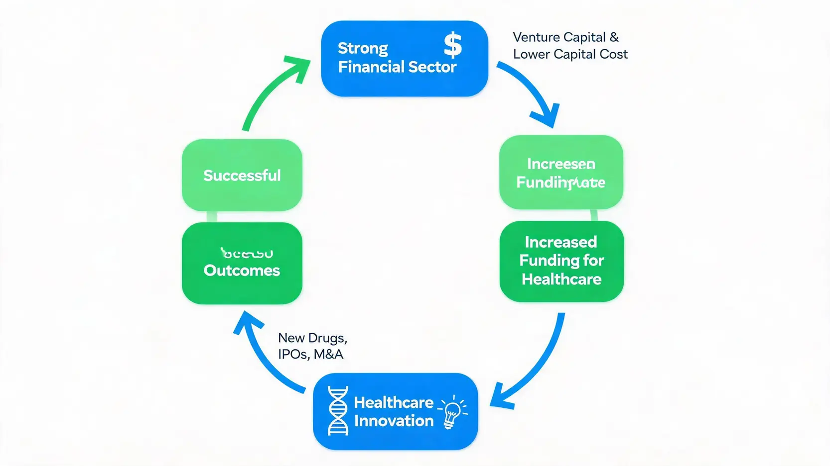 Flowchart illustrating the symbiotic cycle where the financial sector funds healthcare innovation, which in turn leads to successful outcomes like IPOs that strengthen the financial sector.