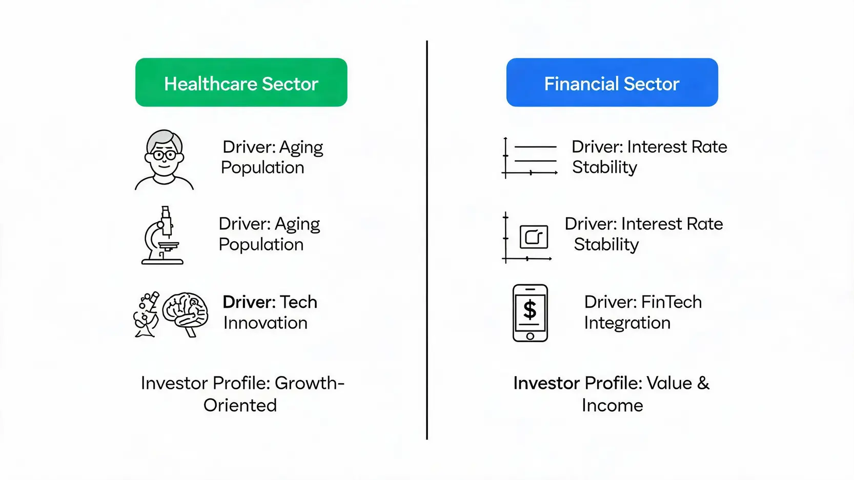 Comparison chart contrasting the investment drivers and investor profiles for the healthcare sector versus the financial sector in 2026.