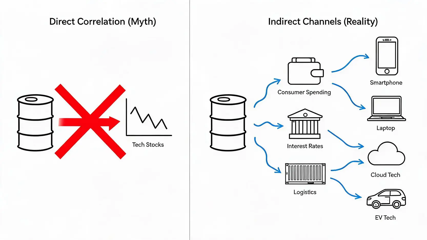 Diagram illustrating the indirect relationship between oil prices and tech stocks, contrasting the myth of direct correlation with the reality of economic channels.