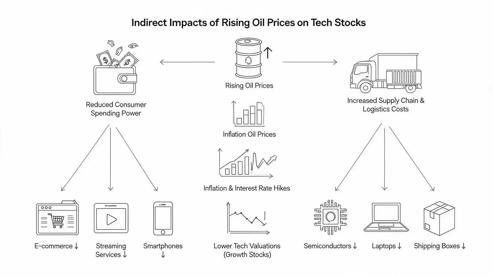 Flowchart illustrating the three main indirect impacts of rising oil prices on tech stocks: reduced consumer spending, increased inflation leading to higher interest rates, and higher supply chain costs.