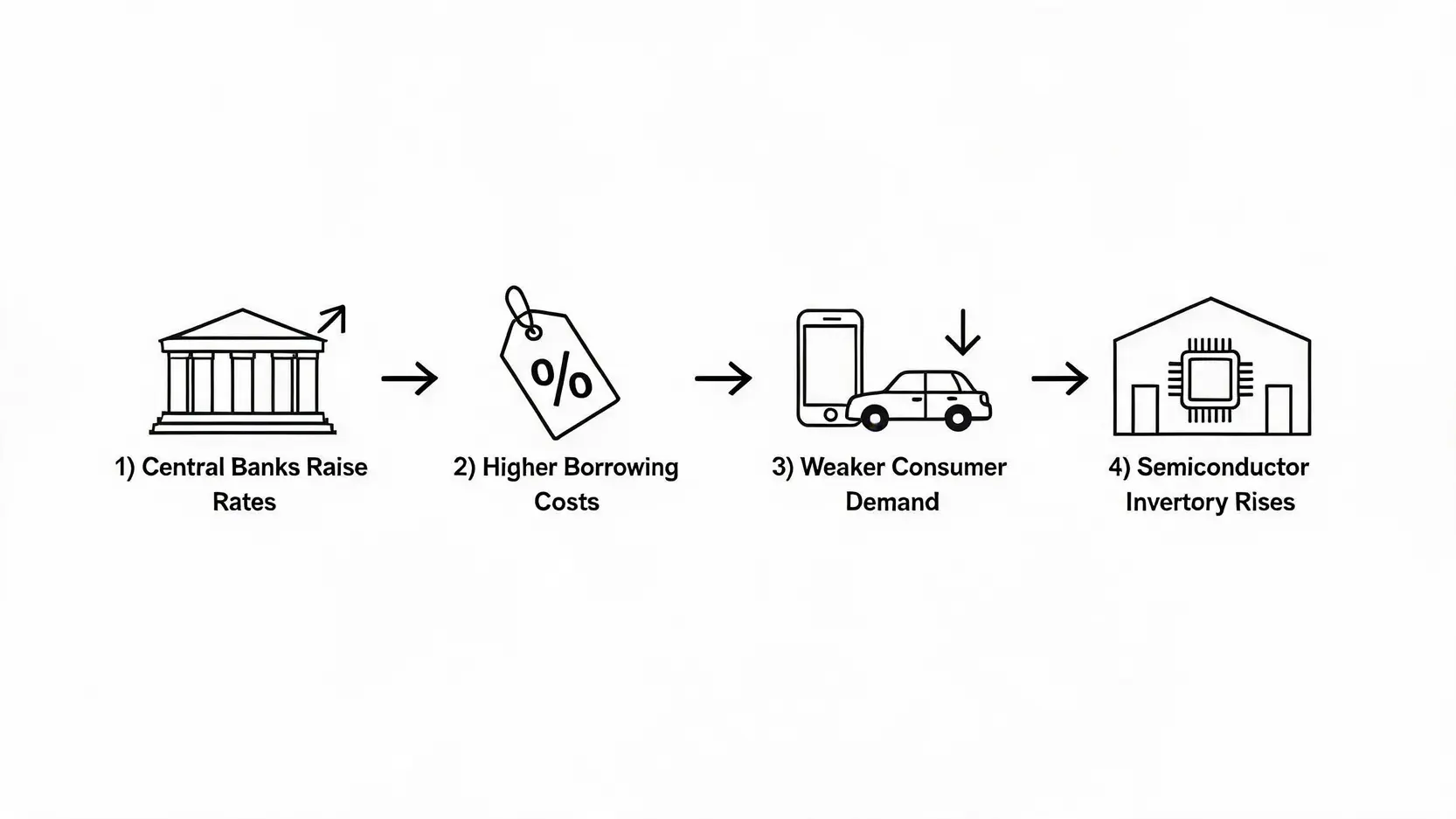 Flowchart illustrating the economic slowdown's impact on semiconductors, from rising interest rates to increased inventory.