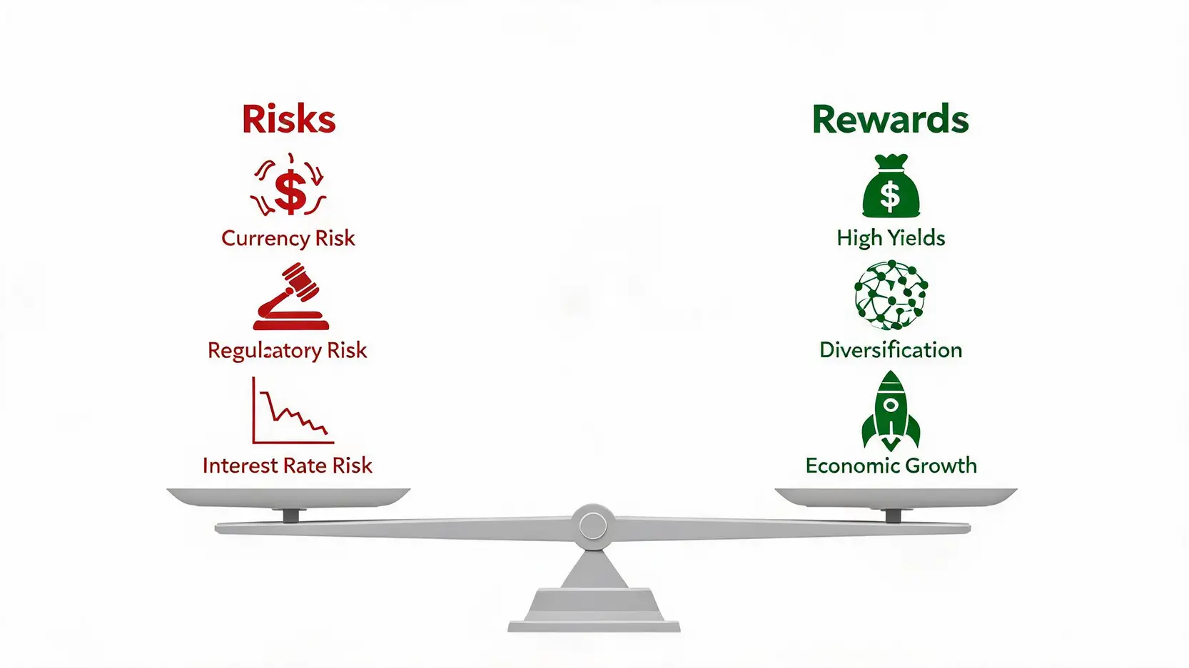 A balanced scale comparing the risks (currency, regulatory, interest rates) and rewards (high yields, diversification, growth) of investing in Indian bonds.