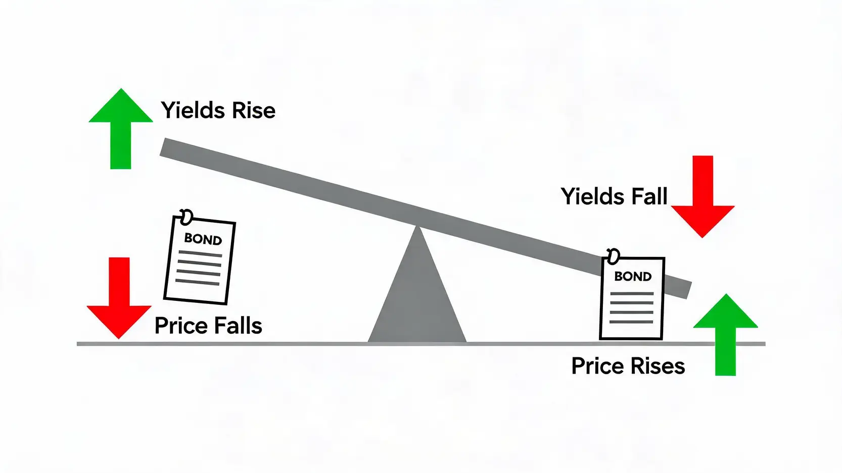 A seesaw illustrating the inverse relationship between bond yields and bond prices for investors.