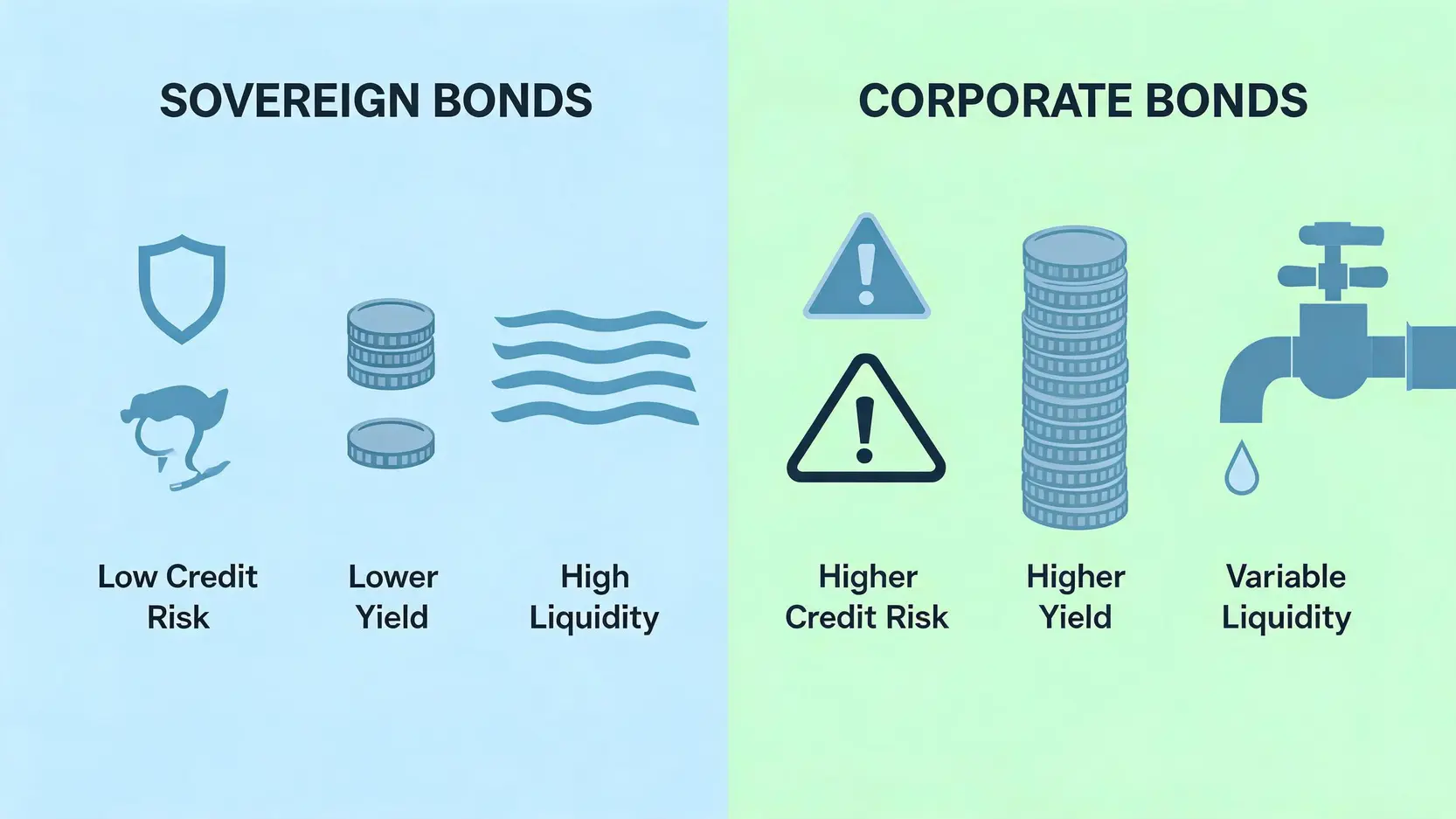 Comparison of Sovereign Bonds and Corporate Bonds based on credit risk, yield, and liquidity.