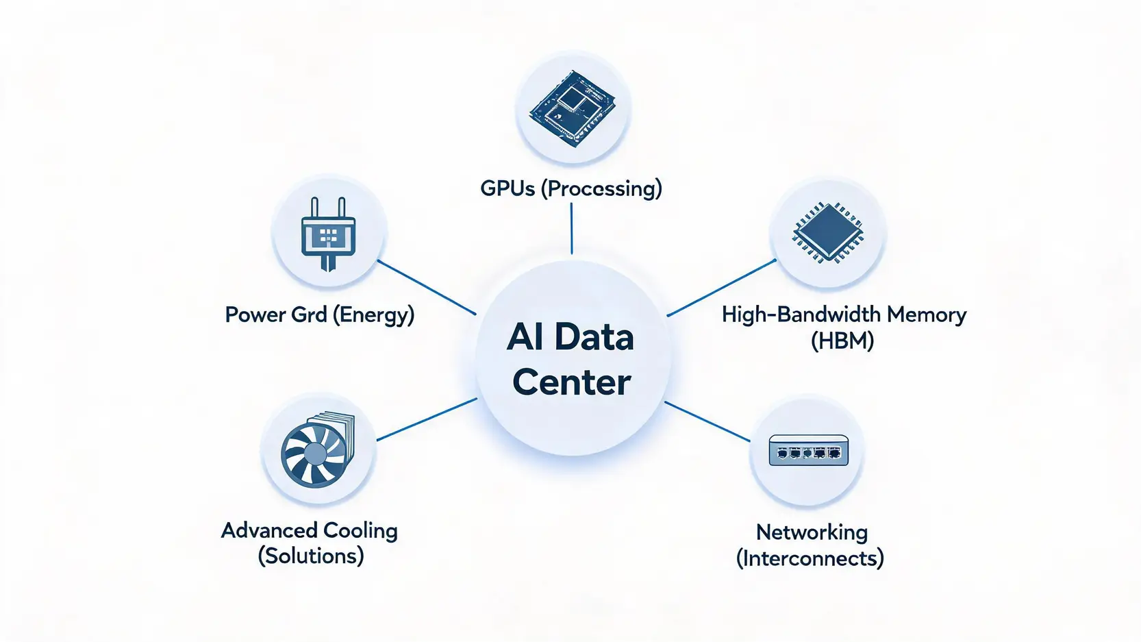 Diagram of the AI data center ecosystem, showing key components like GPUs, memory, networking, cooling, and power infrastructure.