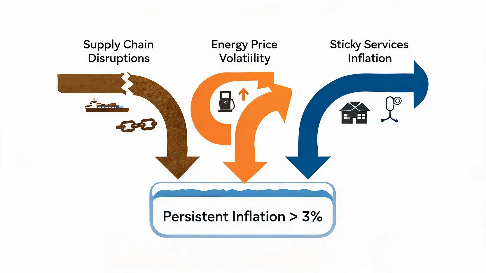 Conceptual illustration of the three main drivers of persistent inflation in 2026: supply chain issues, energy prices, and services inflation.
