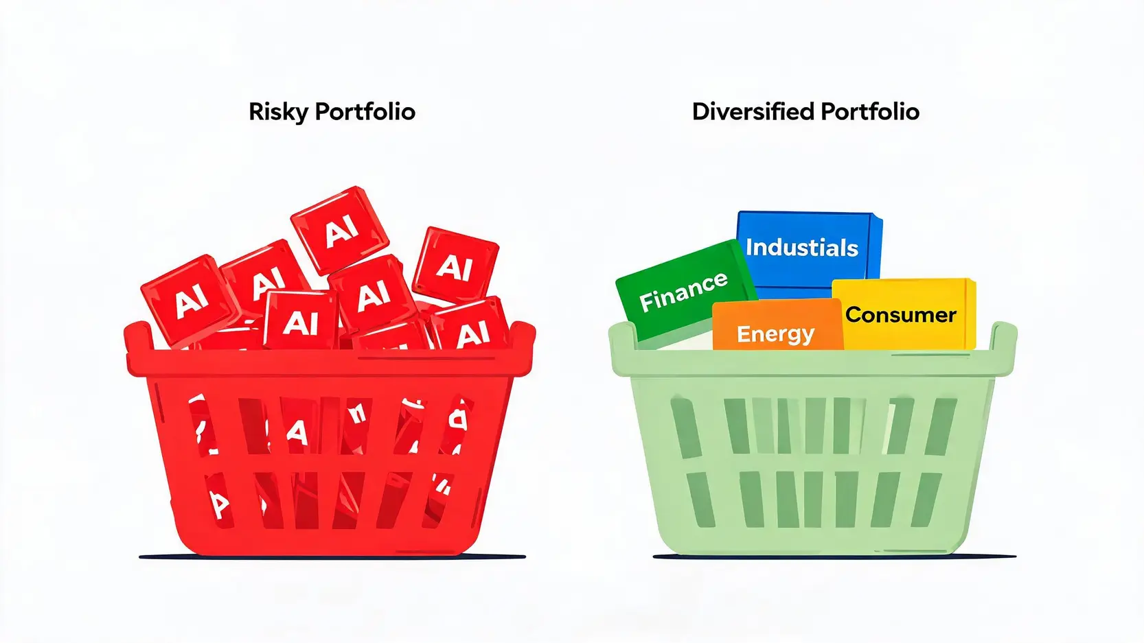 An illustration showing two portfolios: one unbalanced and risky with only AI stocks, and another stable and diversified with stocks from various sectors.
