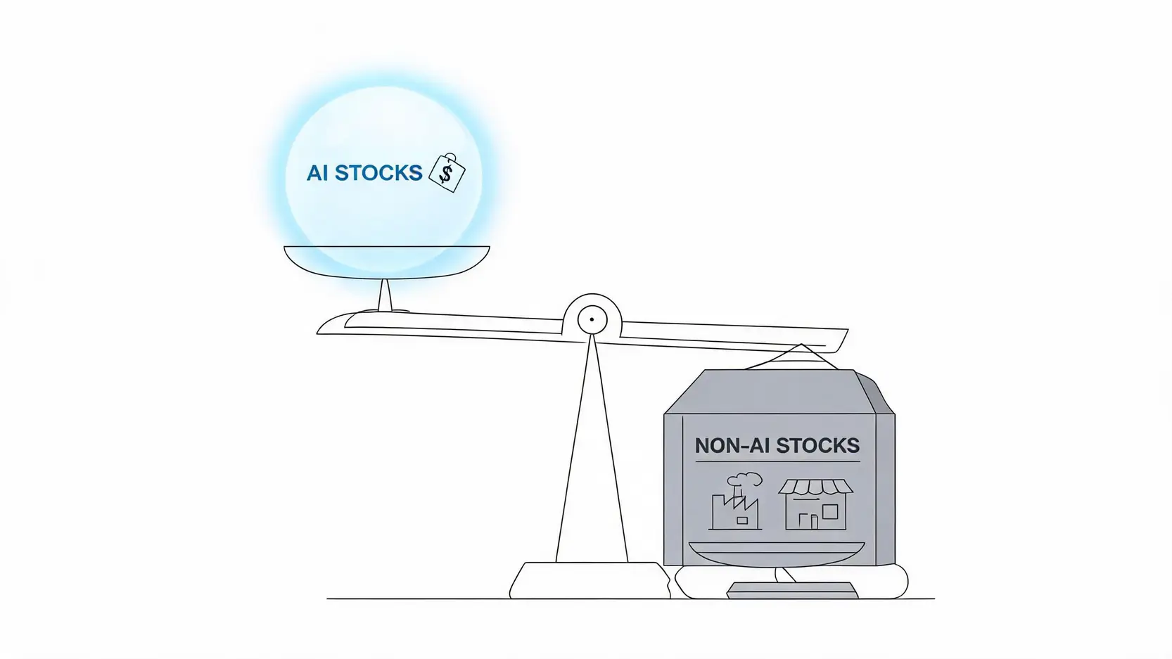 A diagram comparing the inflated valuation of AI stocks, represented as a floating bubble, to the stable, fundamental value of non-AI stocks, represented as a solid block.