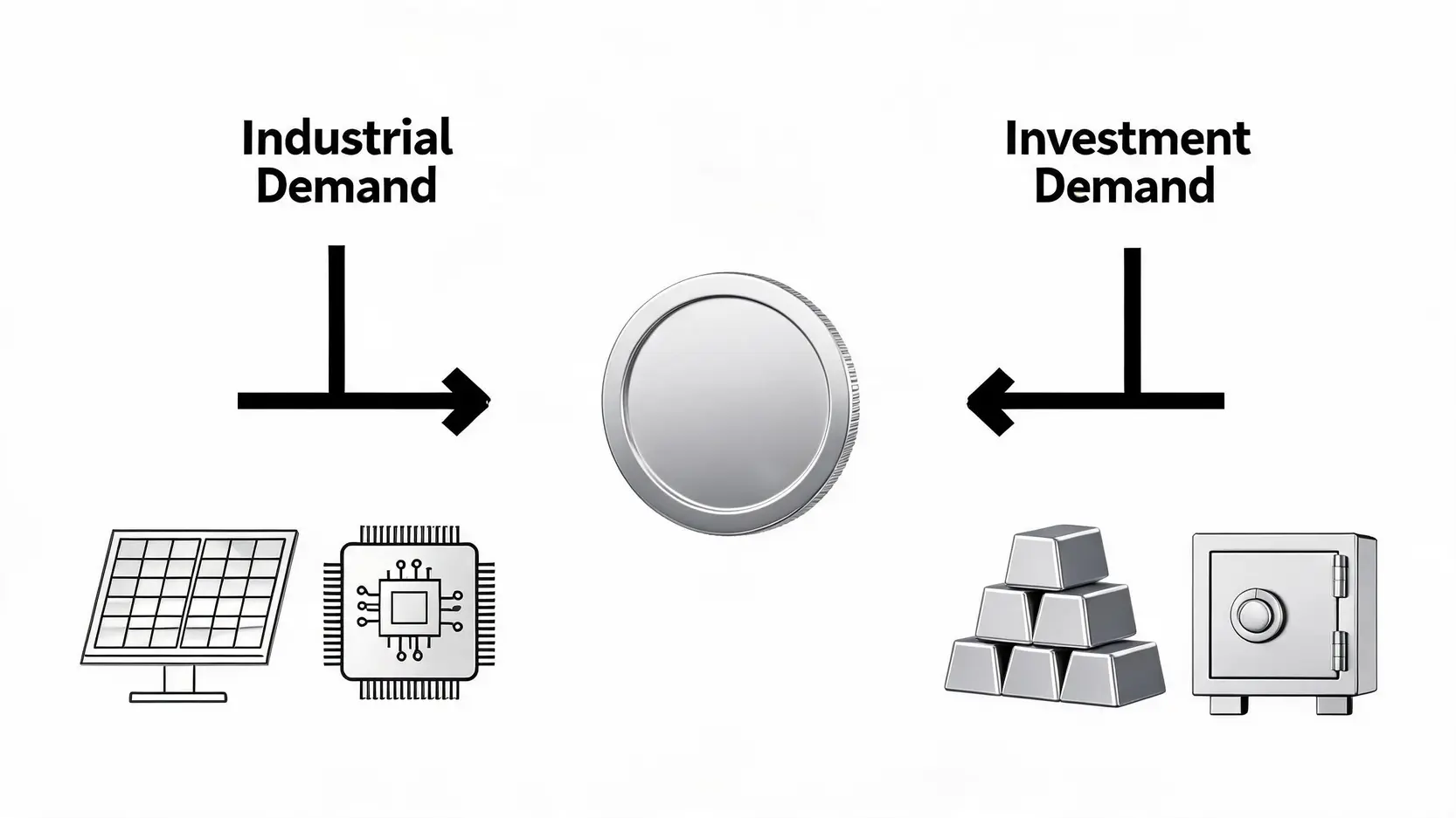 Diagram showing the dual demand for silver: Industrial demand from solar panels and electronics, and Investment demand from bars and coins.