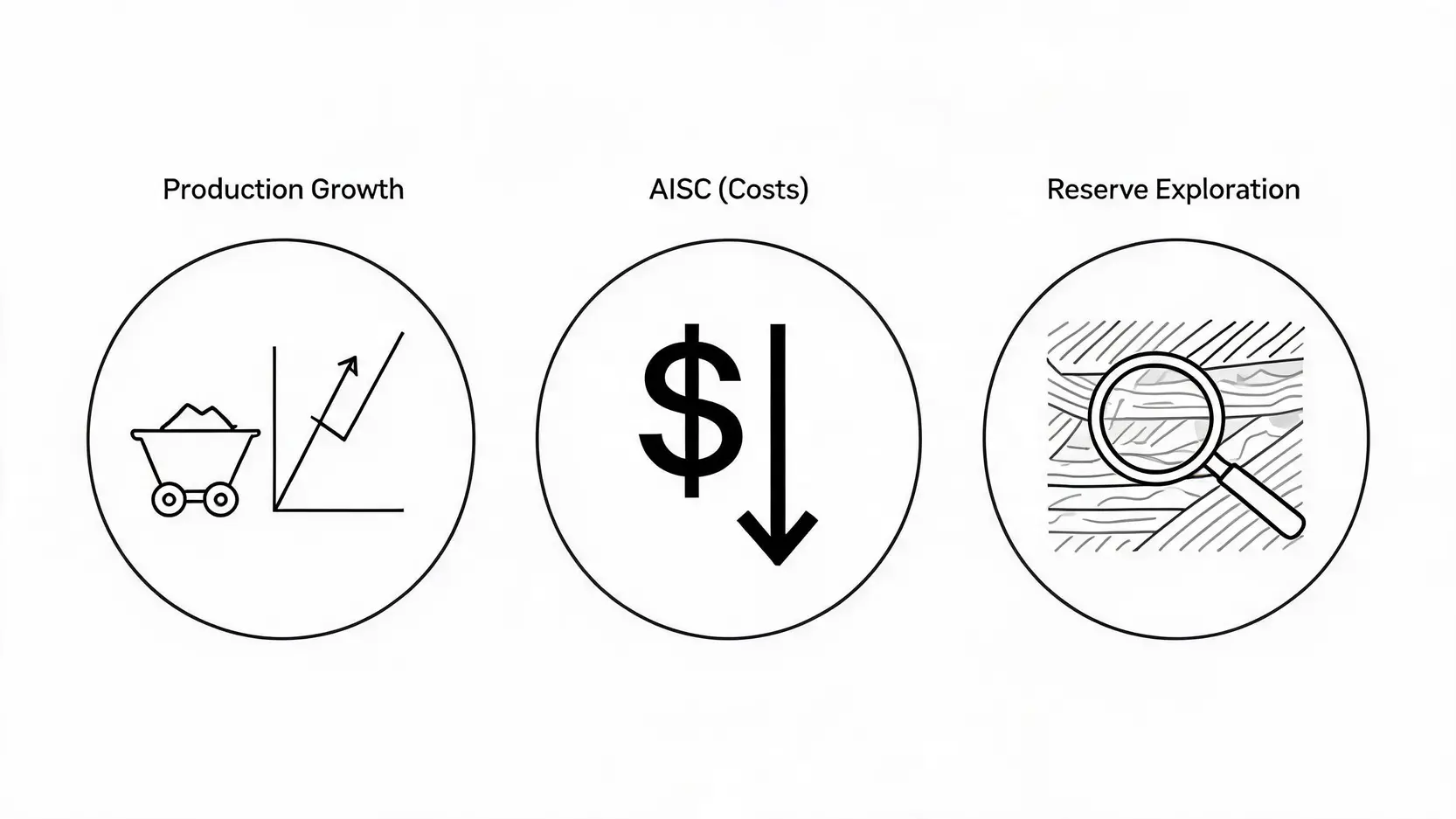 Three icons representing key mining operational metrics: Production Growth, All-In Sustaining Costs (AISC), and Reserve Exploration.