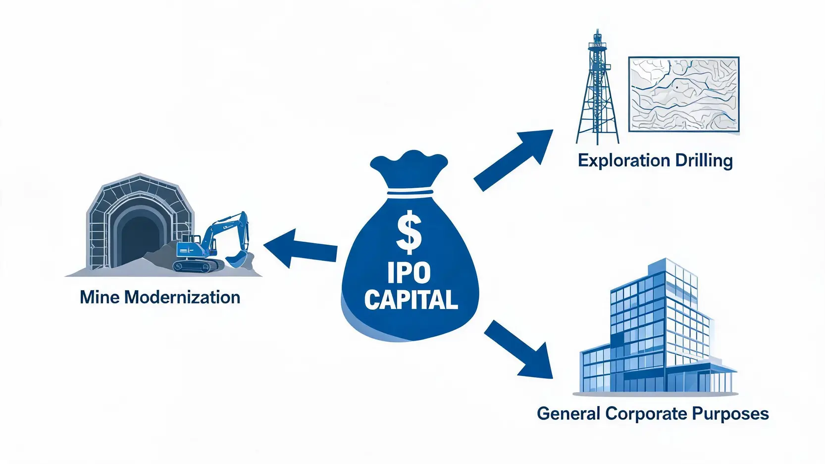 Diagram showing the allocation of IPO proceeds: mine modernization, exploration drilling, and general corporate purposes.