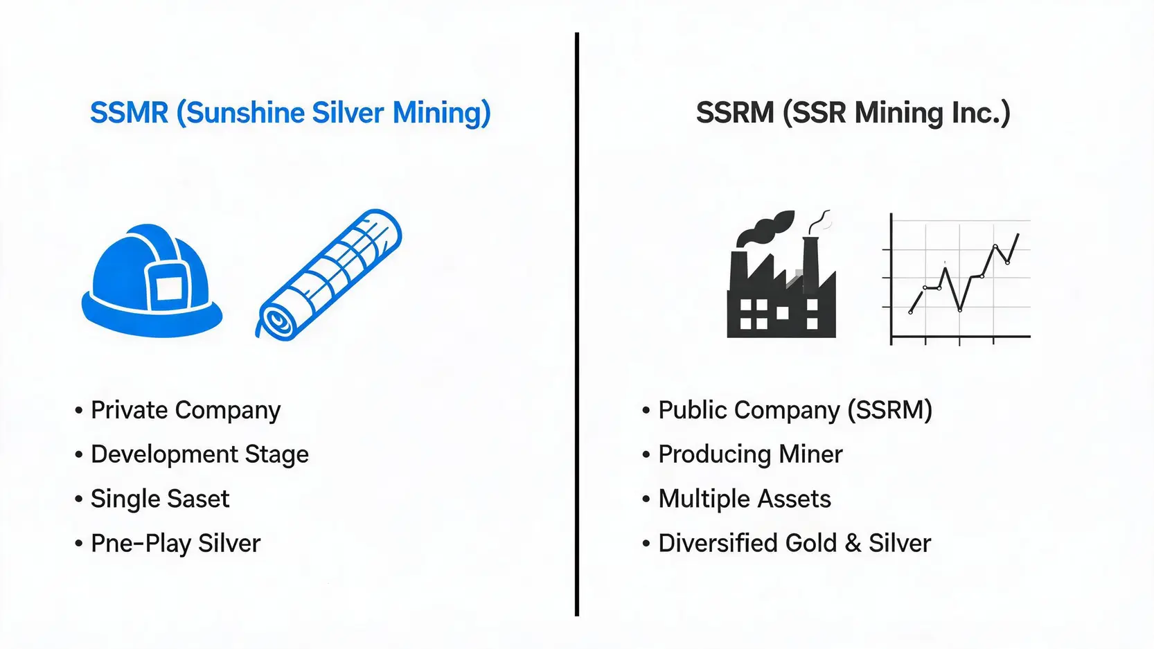 Diagram comparing SSMR (a private, single-asset silver development company) with SSRM (a public, diversified precious metals producer).