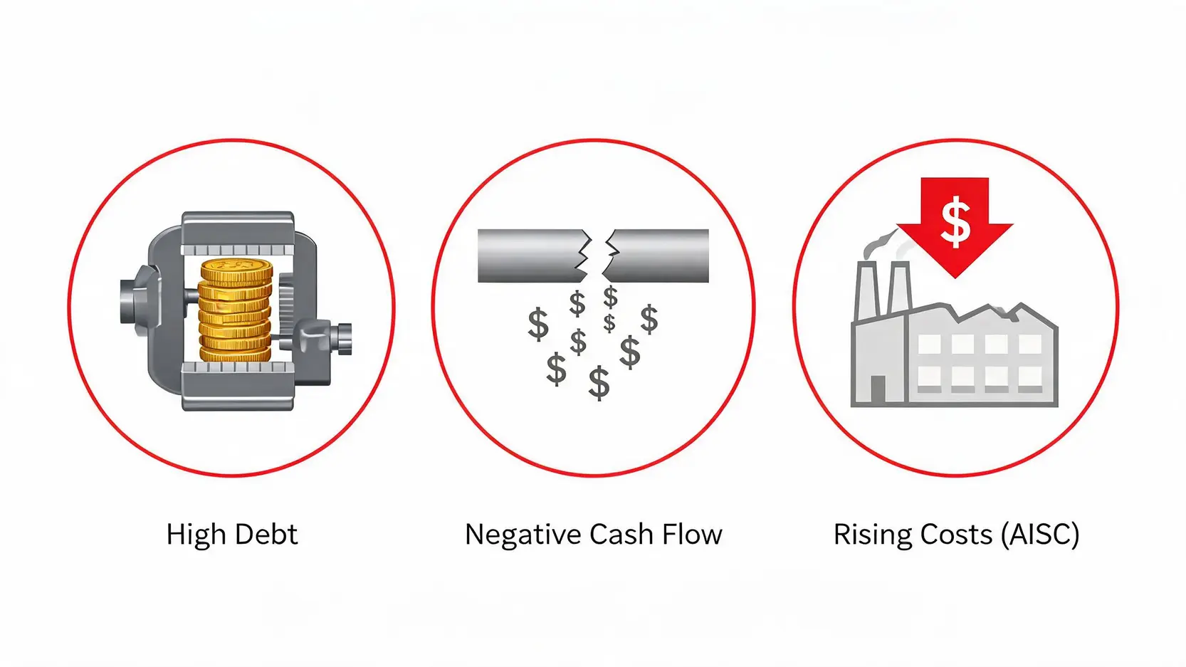 Illustration of three key financial risks for a mining company: high debt, negative cash flow, and rising costs.