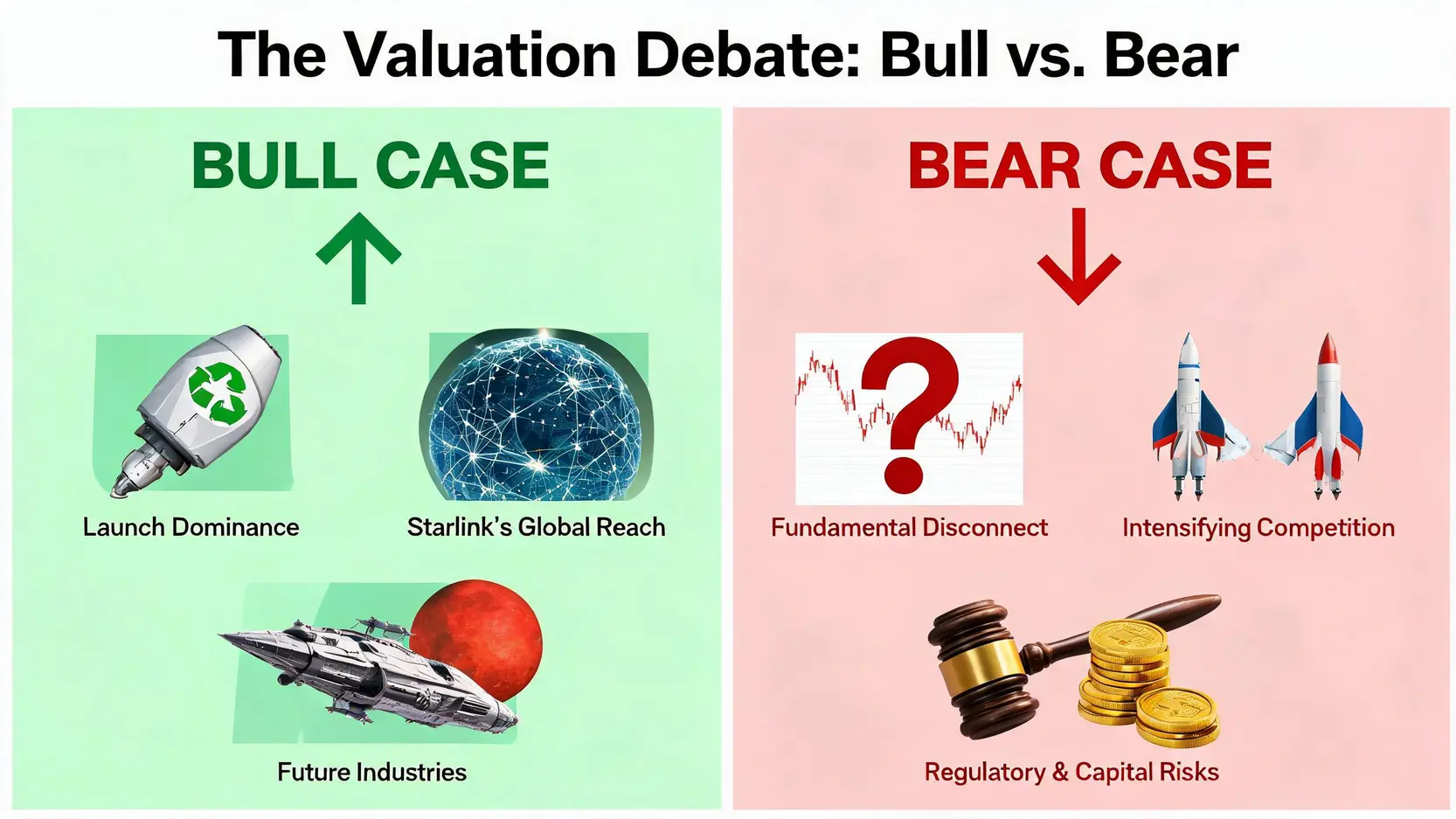 Comparison diagram showing the bull case (launch dominance, Starlink, future growth) vs. the bear case (overvaluation, competition, risks) for SpaceX.