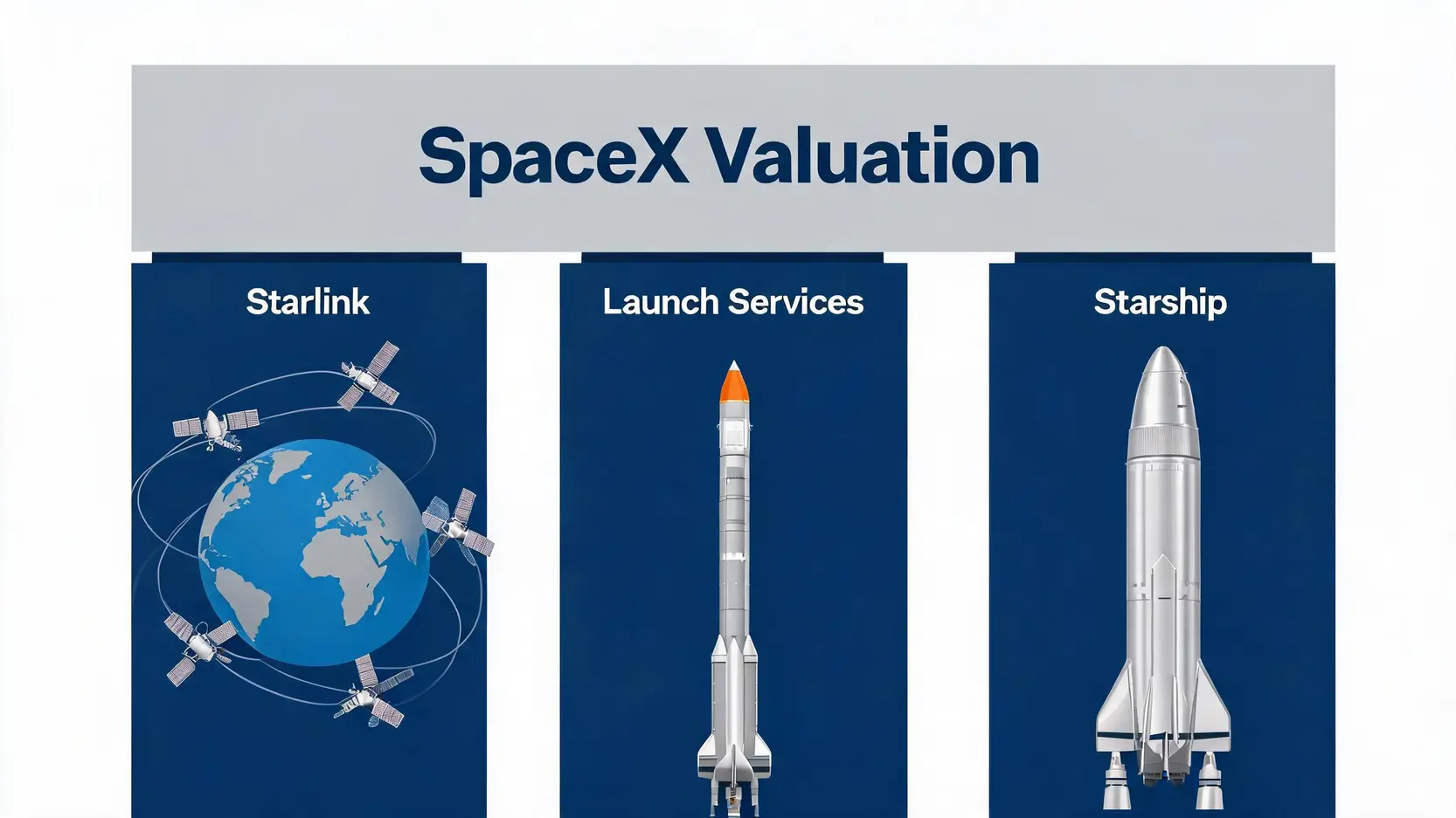 Diagram showing the three pillars of SpaceX's valuation: Starlink, Launch Services, and the future-facing Starship program.