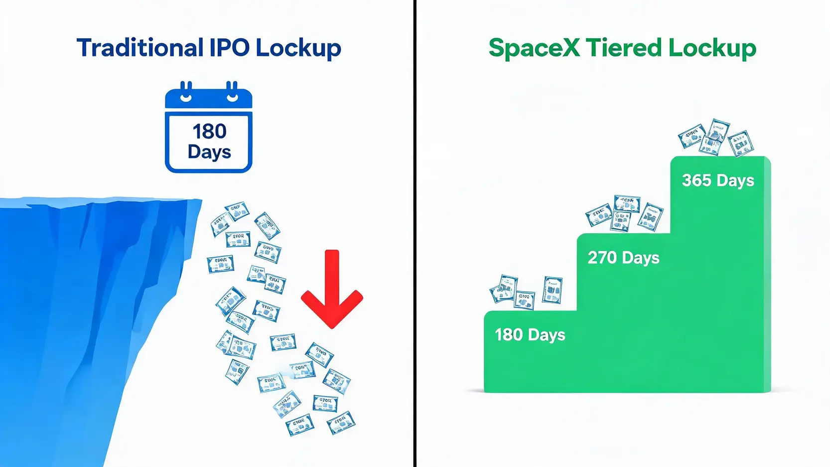 Diagram comparing a traditional single-date IPO lockup cliff to SpaceX's staggered, multi-date tiered lockup system.