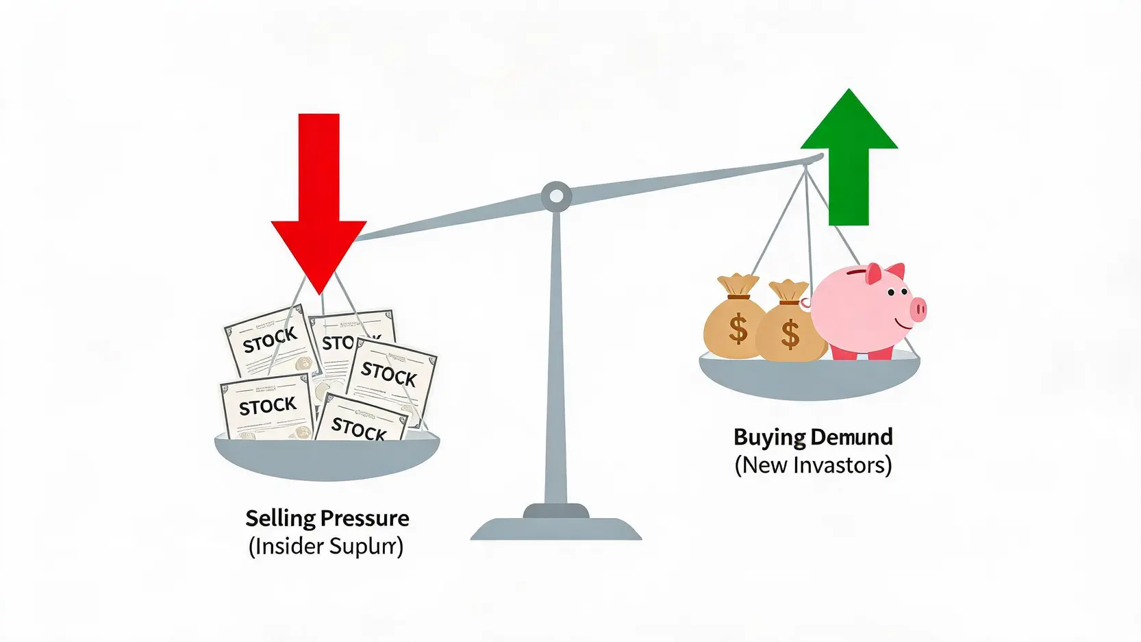 A balancing scale illustrating the market dynamic of selling pressure from insiders versus buying demand from new investors during a lockup expiration.