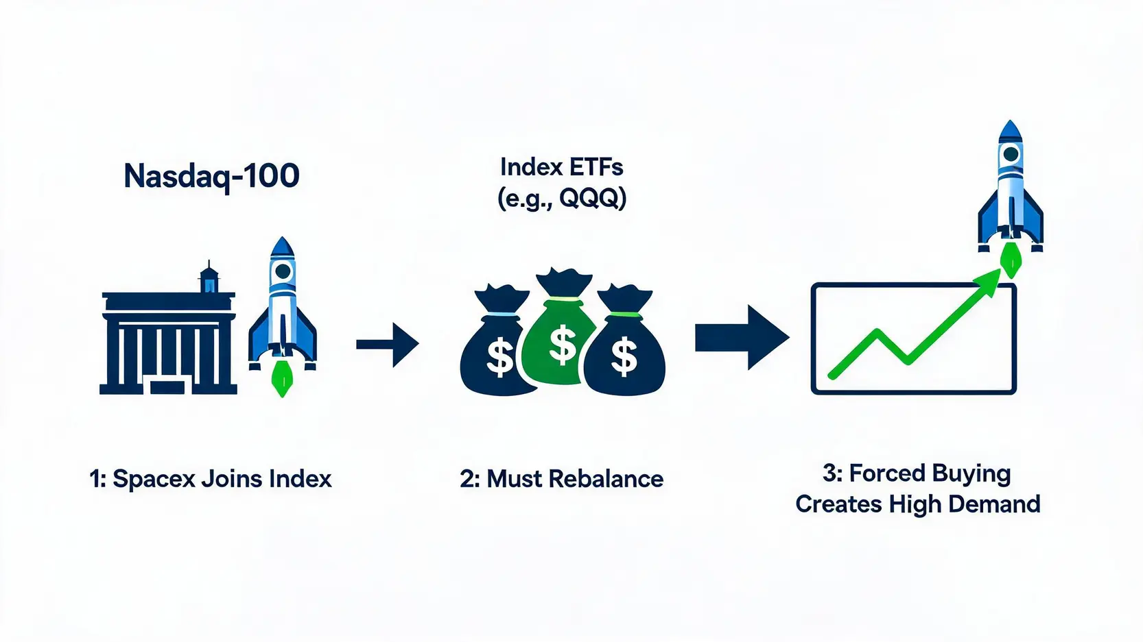 Flowchart showing how SpaceX's Nasdaq-100 inclusion forces ETFs like QQQ to buy shares, increasing demand.
