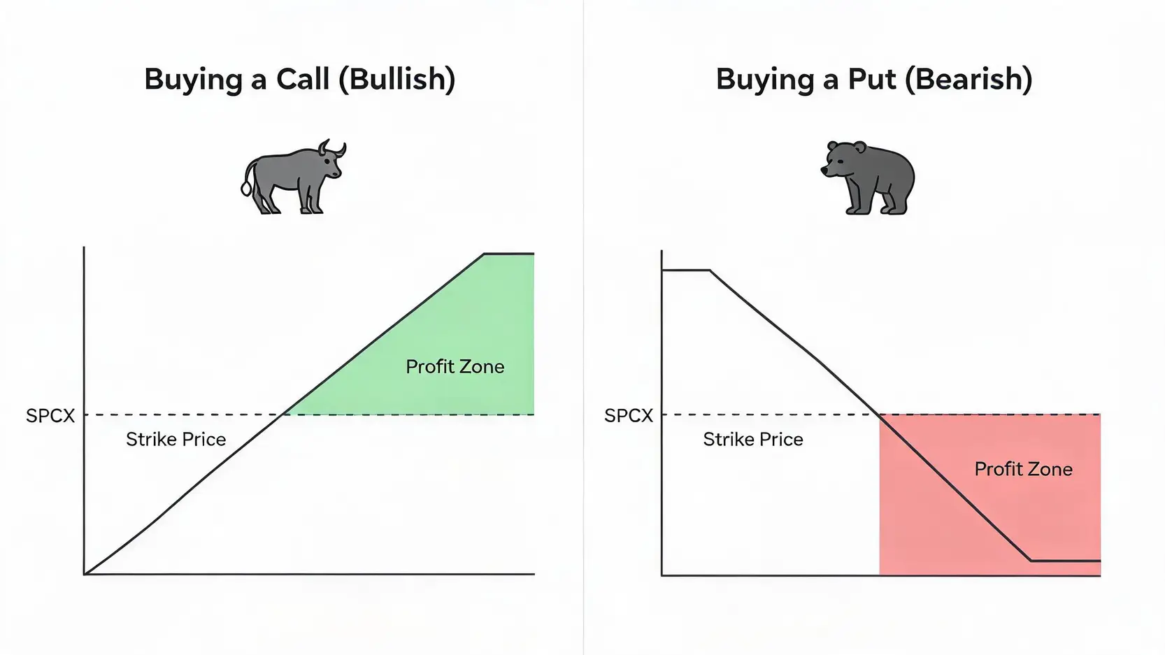 Diagram comparing a Call option, for a rising stock, versus a Put option, for a falling stock.