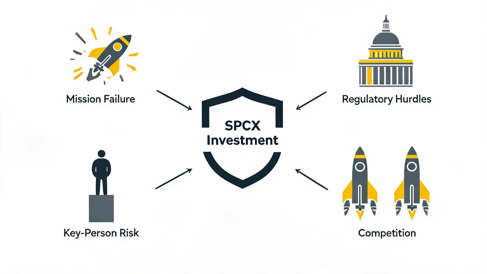 Illustration of the key risks of investing in the SpaceX IPO: mission failure, regulation, competition, and key-person dependency.