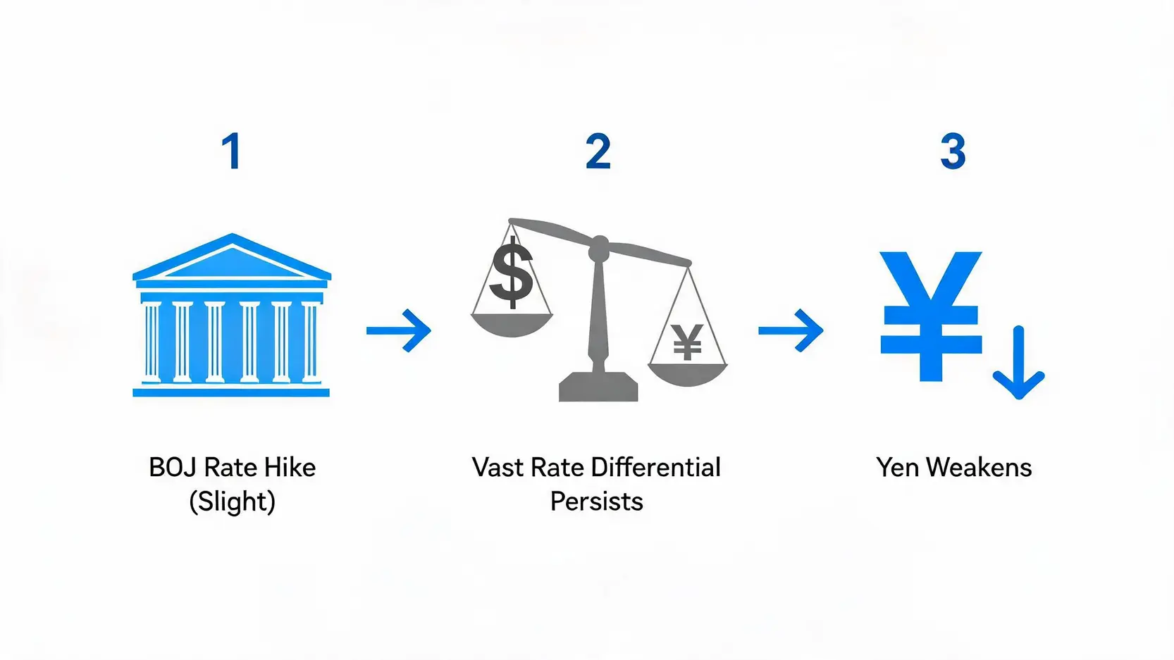 Flowchart explaining why the Japanese Yen weakened after the BOJ rate hike, showing that the persistent interest rate differential with the US was the key factor.