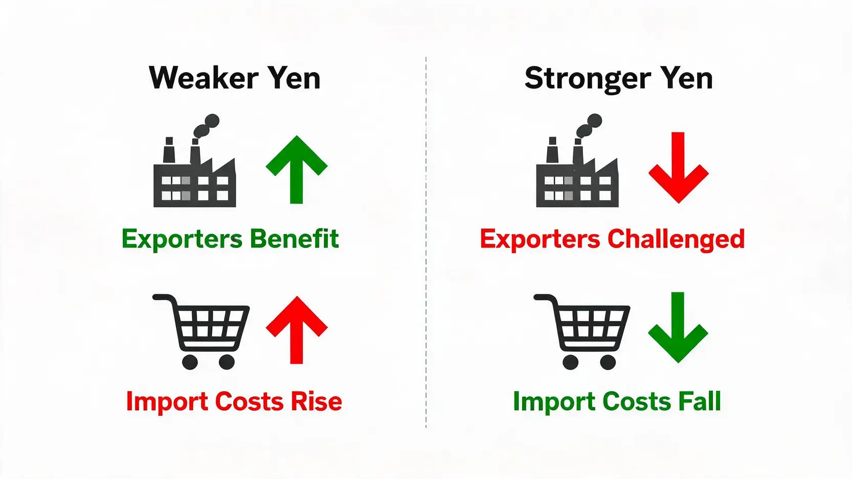 Comparison diagram showing the impact of a weaker versus a stronger Yen on Japanese exporters and importers.