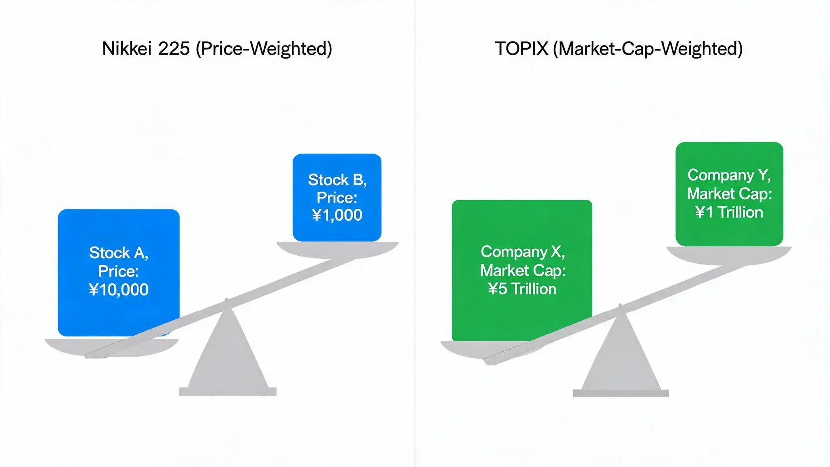 A diagram comparing the price-weighted method of the Nikkei 225 with the market-cap-weighted method of the TOPIX.