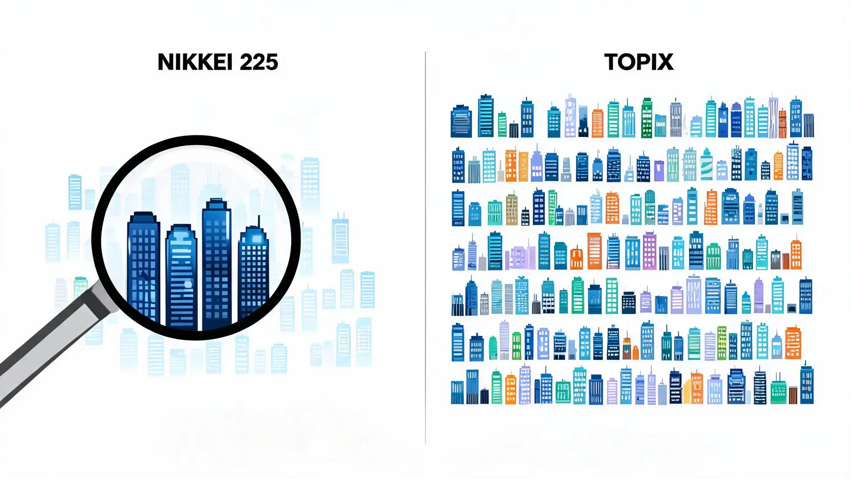 An illustration showing the Nikkei 225 as a select group of companies versus the TOPIX which includes all companies on the market.