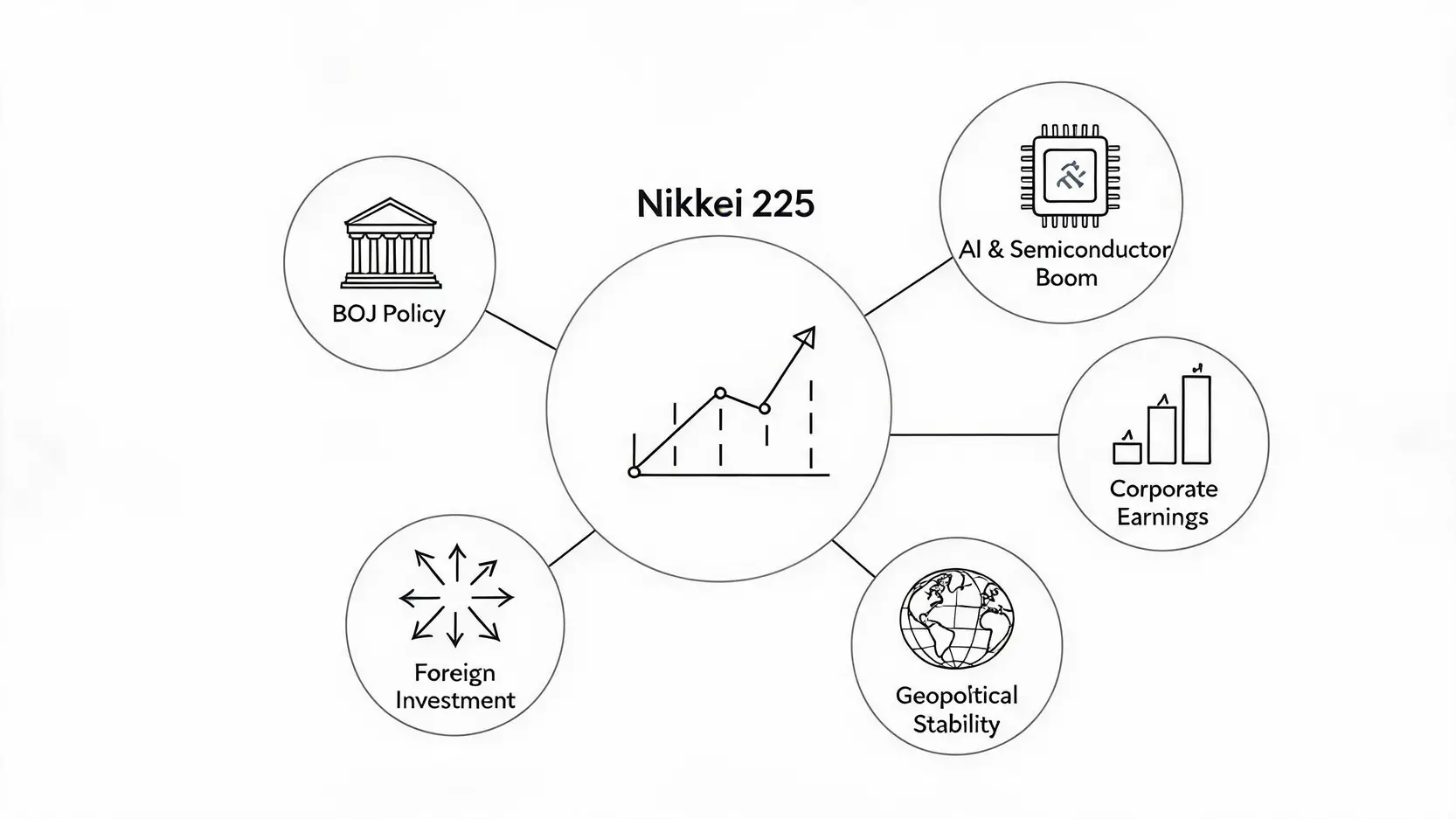 Infographic of the 5 key drivers for the Nikkei 225 in 2026: BOJ policy, AI boom, corporate earnings, geopolitics, and foreign investment.