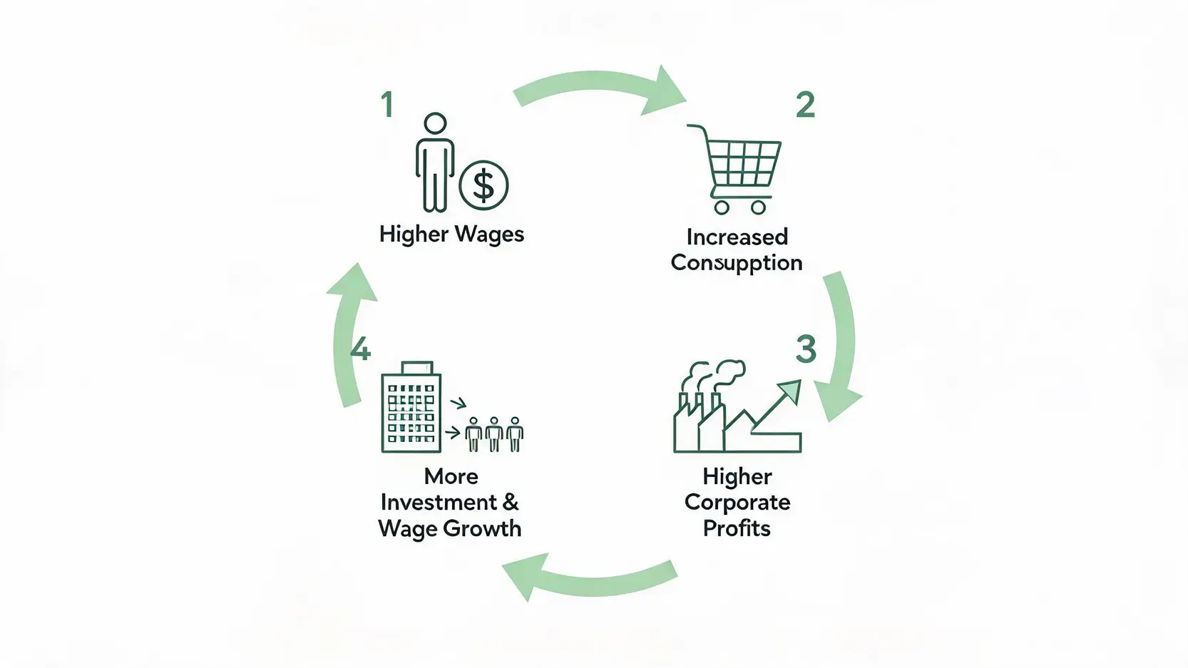 Flowchart illustrating the virtuous economic cycle in Japan: higher wages lead to more consumption, boosting corporate profits and leading back to higher wages.