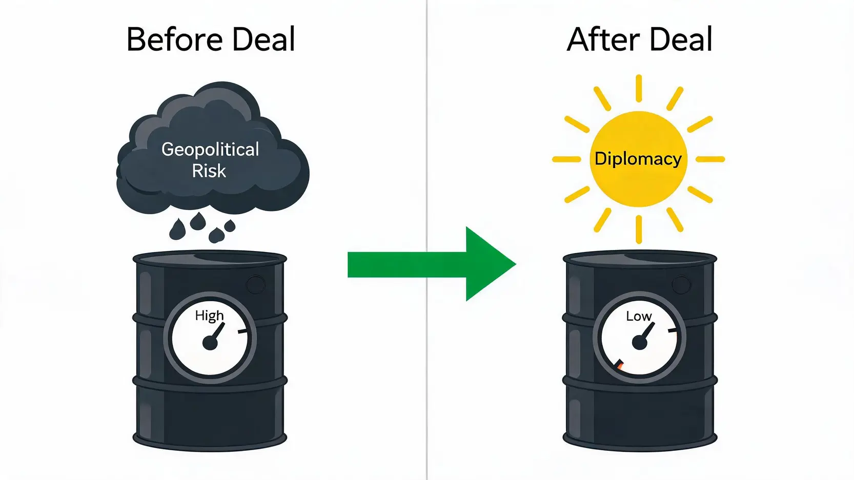 A diagram showing how a peace deal removes geopolitical risk, causing high oil prices to fall.