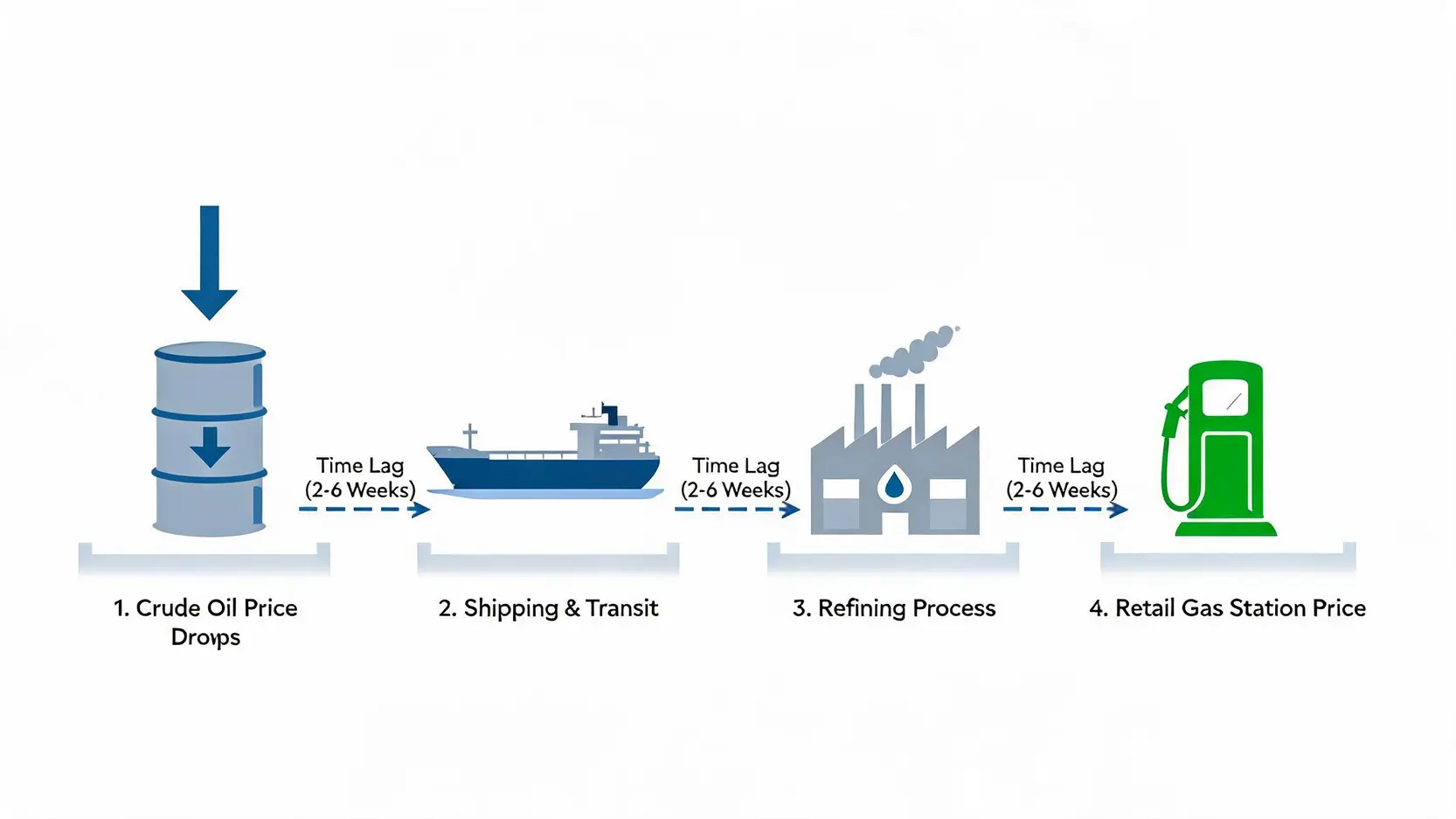 A flowchart showing the 4-step process and time lag from when crude oil prices drop to when gasoline prices decrease at the pump.