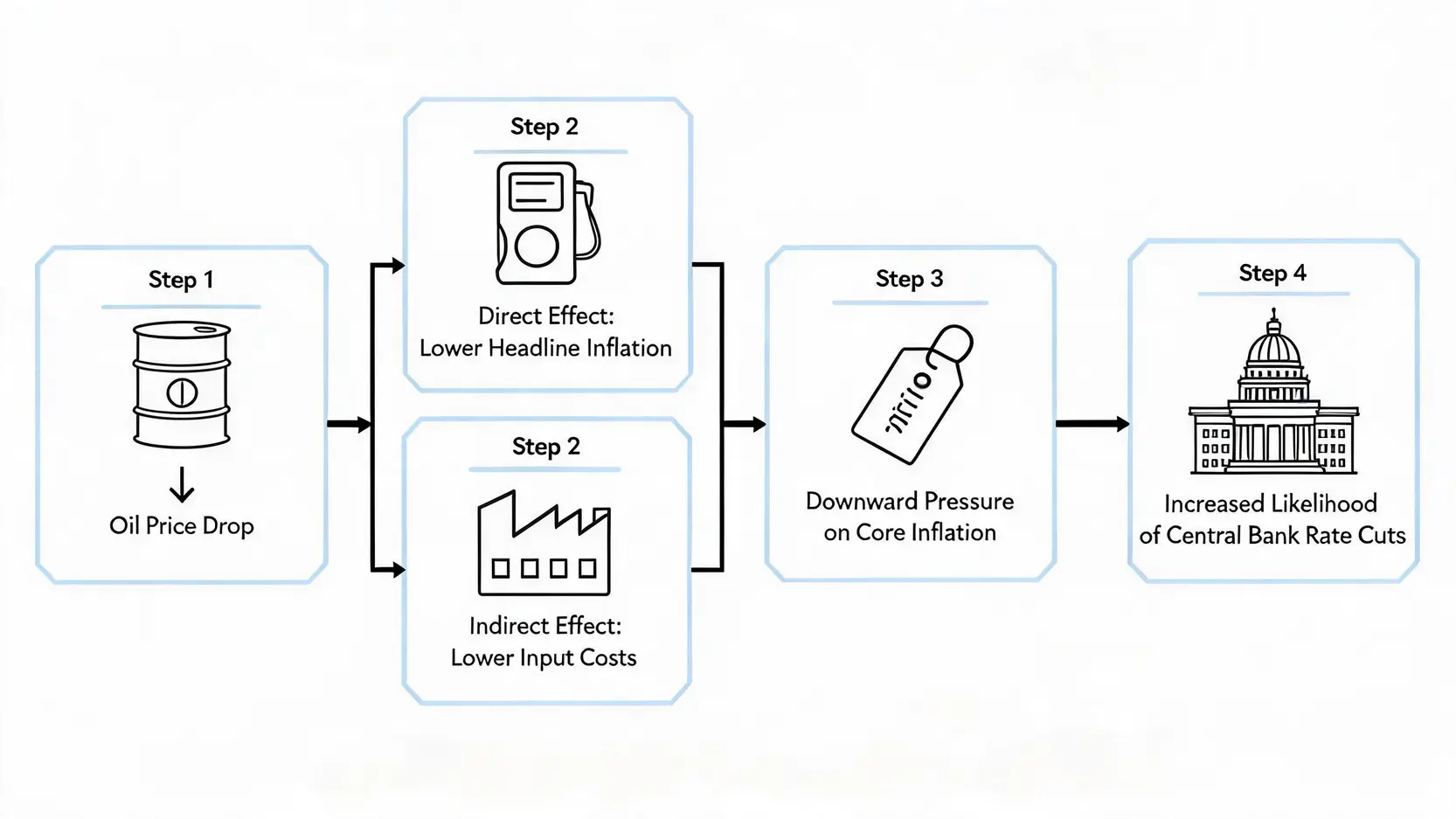 Flowchart showing how an oil price drop leads to lower inflation and potential Fed rate cuts.