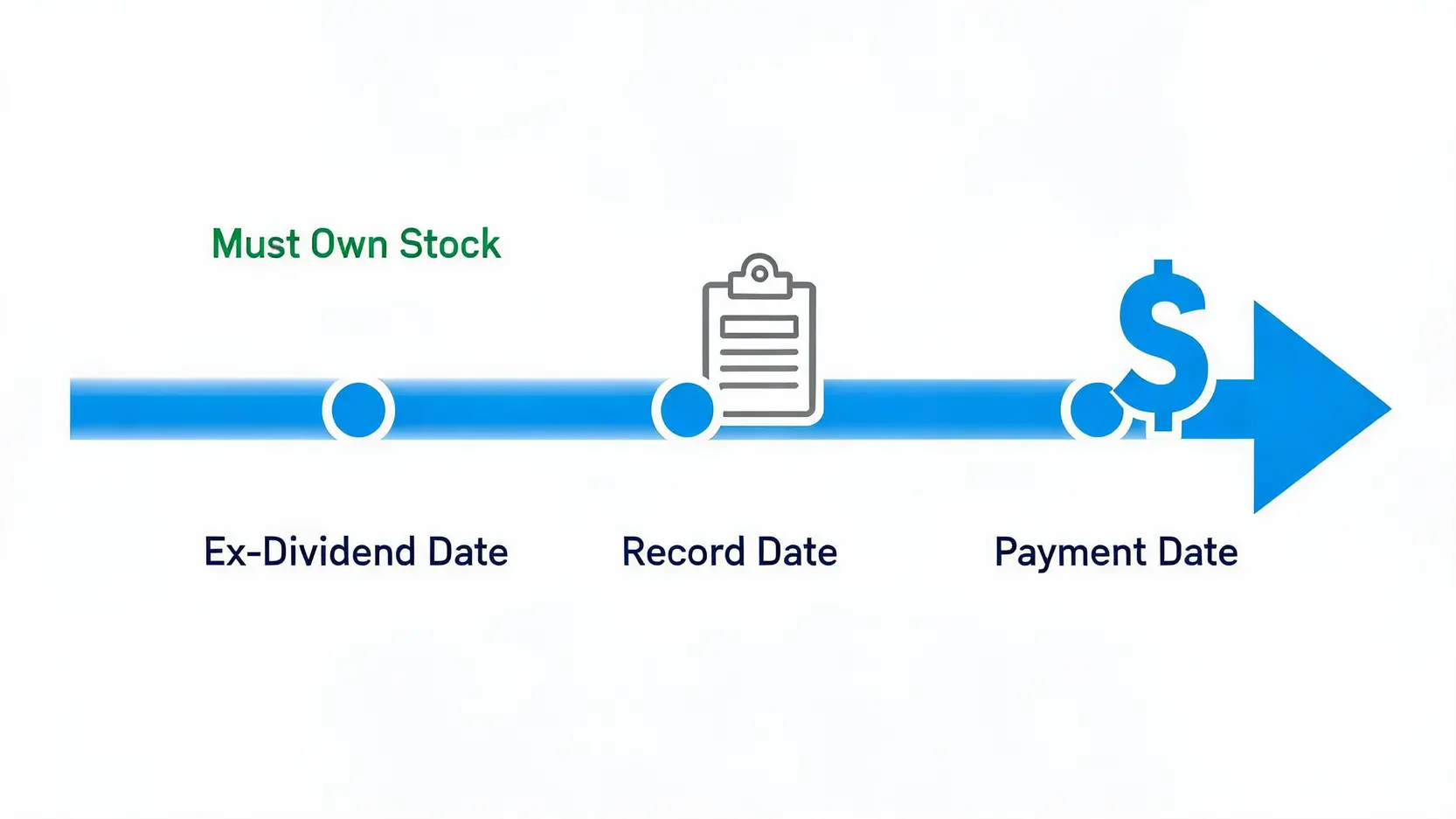 Diagram explaining the dividend timeline from ex-dividend date to payment date for stock investors.