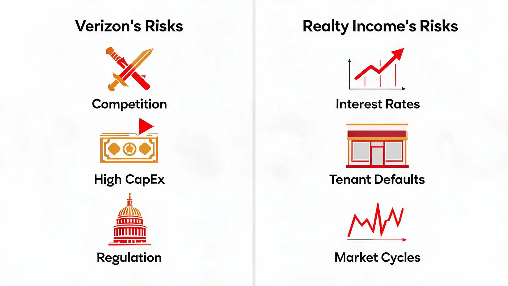 Diagram comparing the investment risks of Verizon (competition, high capex, regulation) and Realty Income (interest rates, tenant defaults, market cycles).