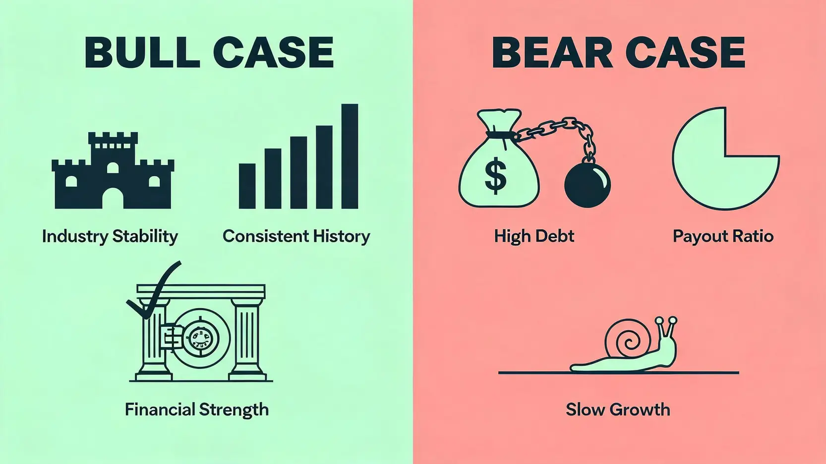 Comparison diagram of the bull versus bear case for Verizon's dividend. Pros include stability and history; cons include debt and slow growth.