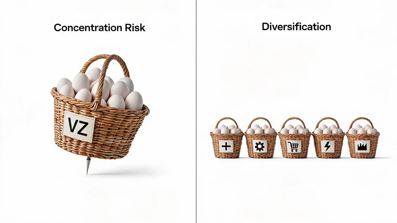 Illustration contrasting concentration risk with diversification. One shows all eggs in one risky basket, the other shows eggs spread safely across multiple baskets.