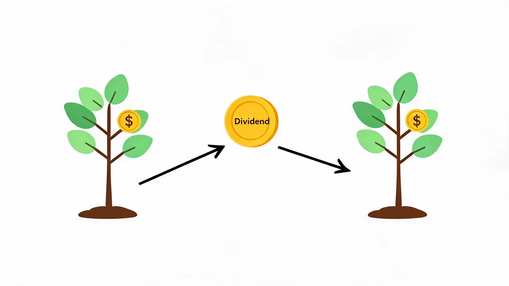 Conceptual illustration of a Dividend Reinvestment Plan (DRIP) showing a money tree generating a dividend coin that grows into a new tree, symbolizing compounding growth.