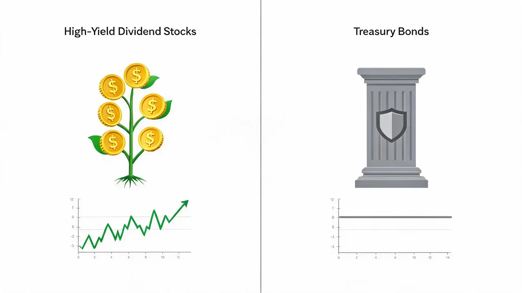 Comparison of High-Yield Dividend Stocks vs. Treasury Bonds showing a growing plant for stocks and a stable column for bonds.