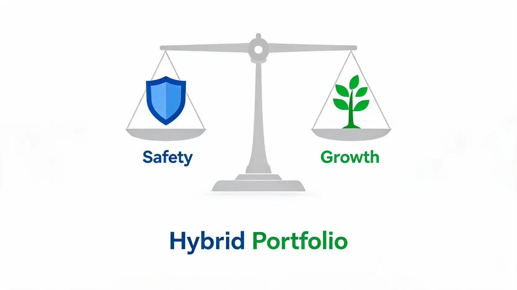 An illustration of a balanced scale representing a hybrid portfolio, with a shield for safety (bonds) and a growing tree for growth (stocks).
