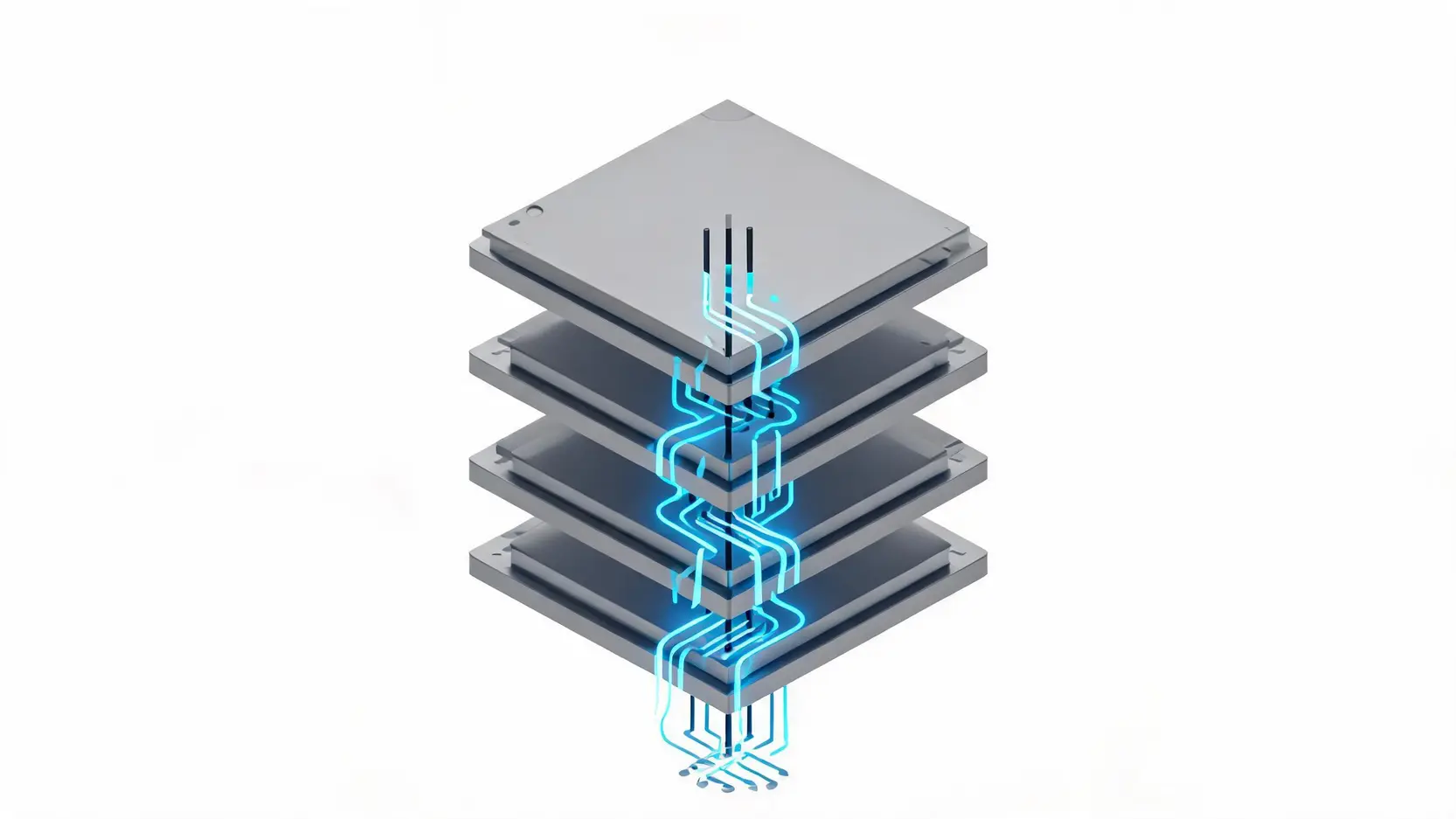Isometric illustration of a High Bandwidth Memory (HBM) chip structure showing vertically stacked layers.