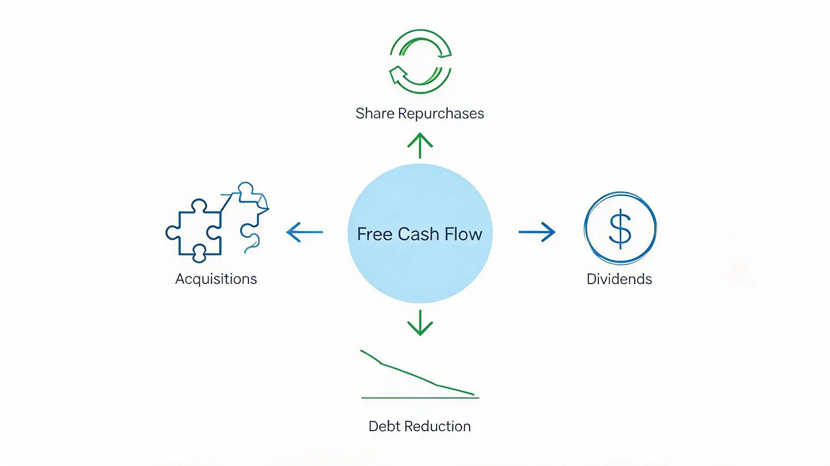 Flowchart showing how a company allocates its free cash flow towards share repurchases, dividends, debt reduction, and acquisitions.