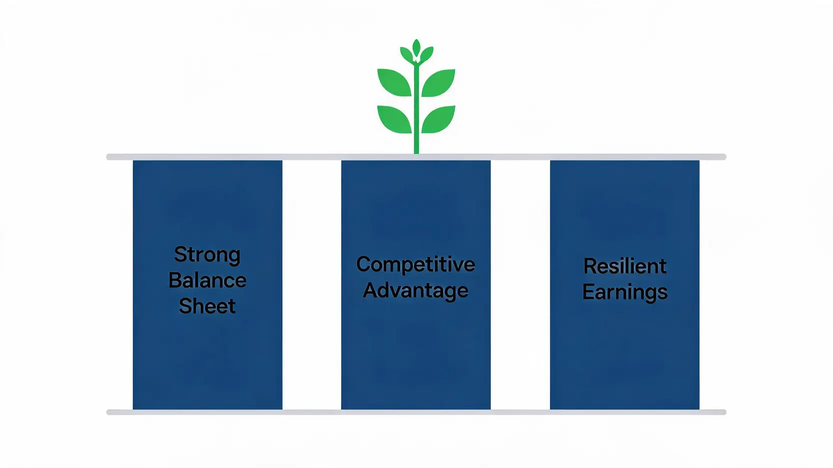 Three pillars of a strong investment during a market dip: strong balance sheet, competitive advantage, and resilient earnings.