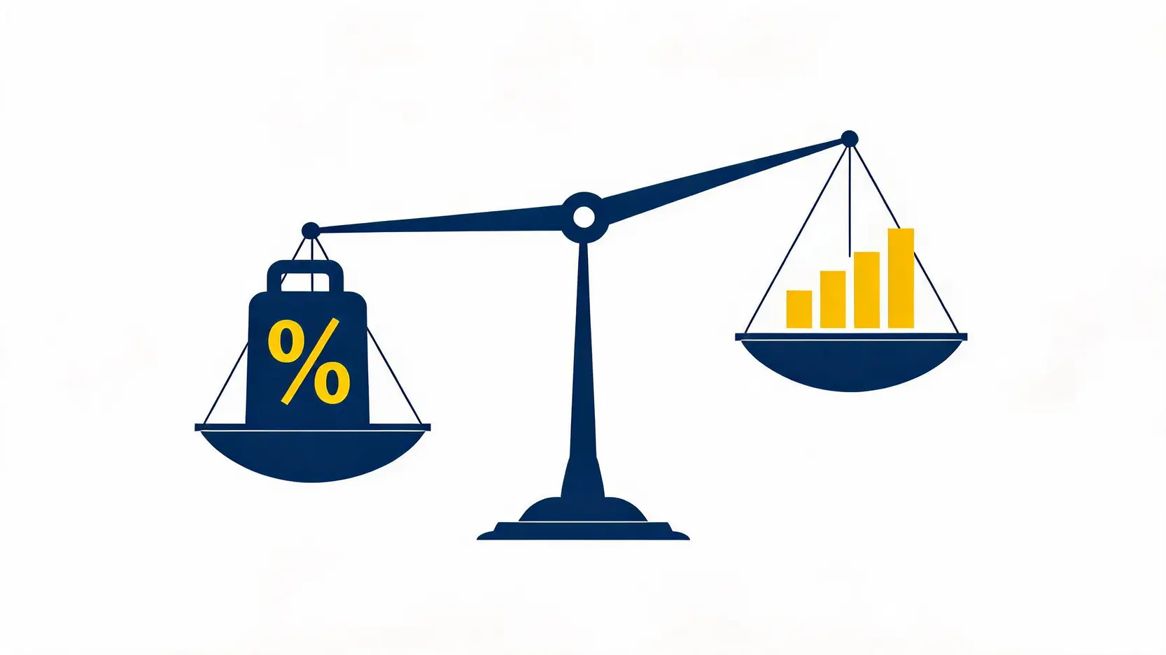 Balance scale showing the inverse relationship between high interest rates and stock market valuations