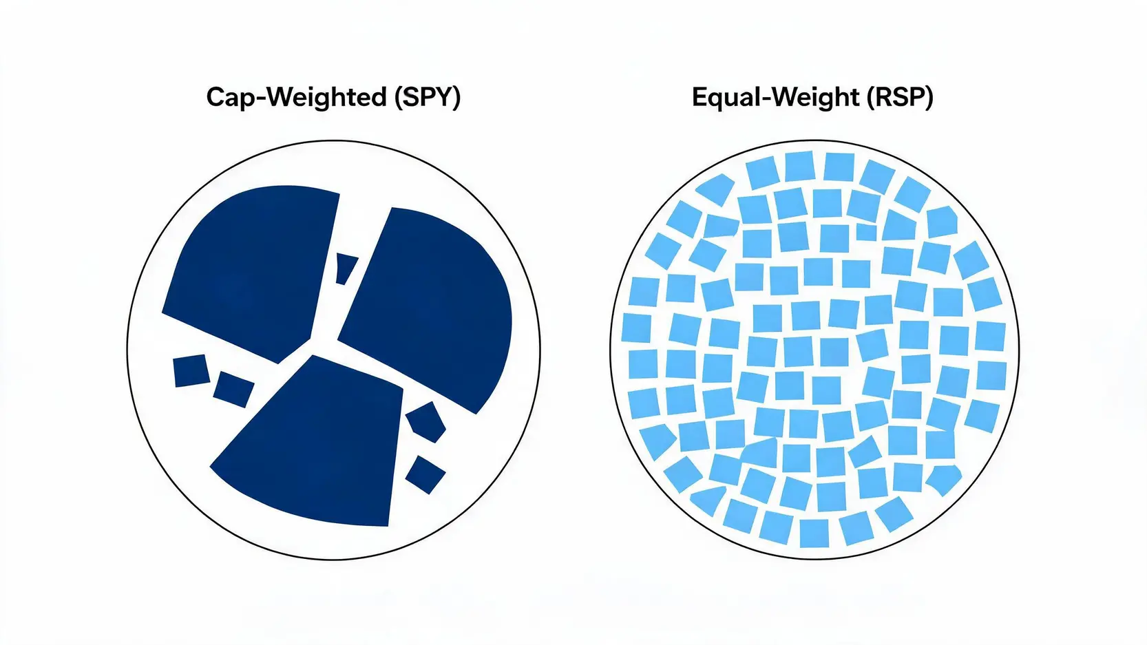 Comparison diagram showing the structural difference between cap-weighted SPY and equal-weight RSP.