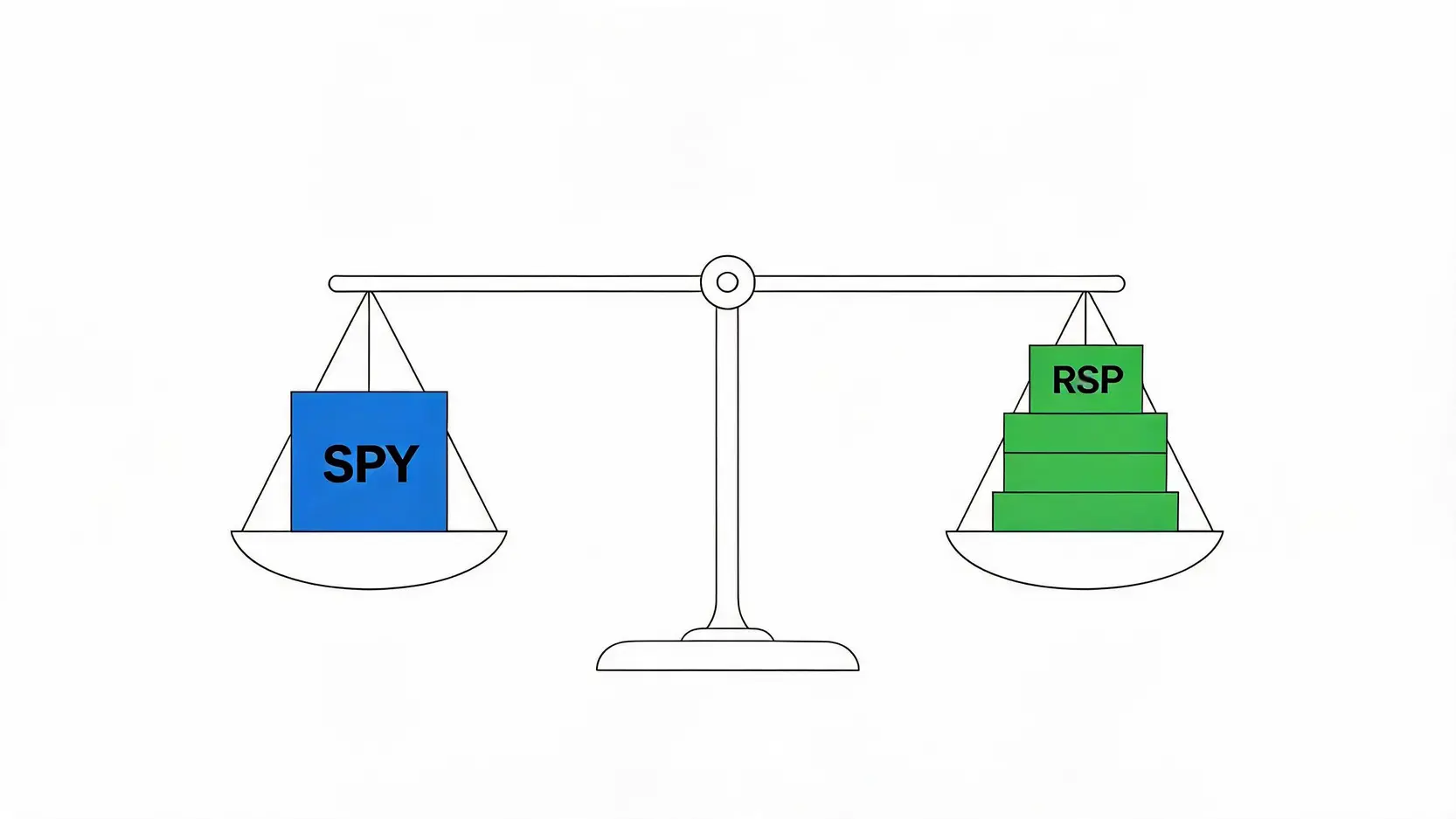 Illustration of a balance scale weighing SPY and RSP to represent strategic portfolio allocation.